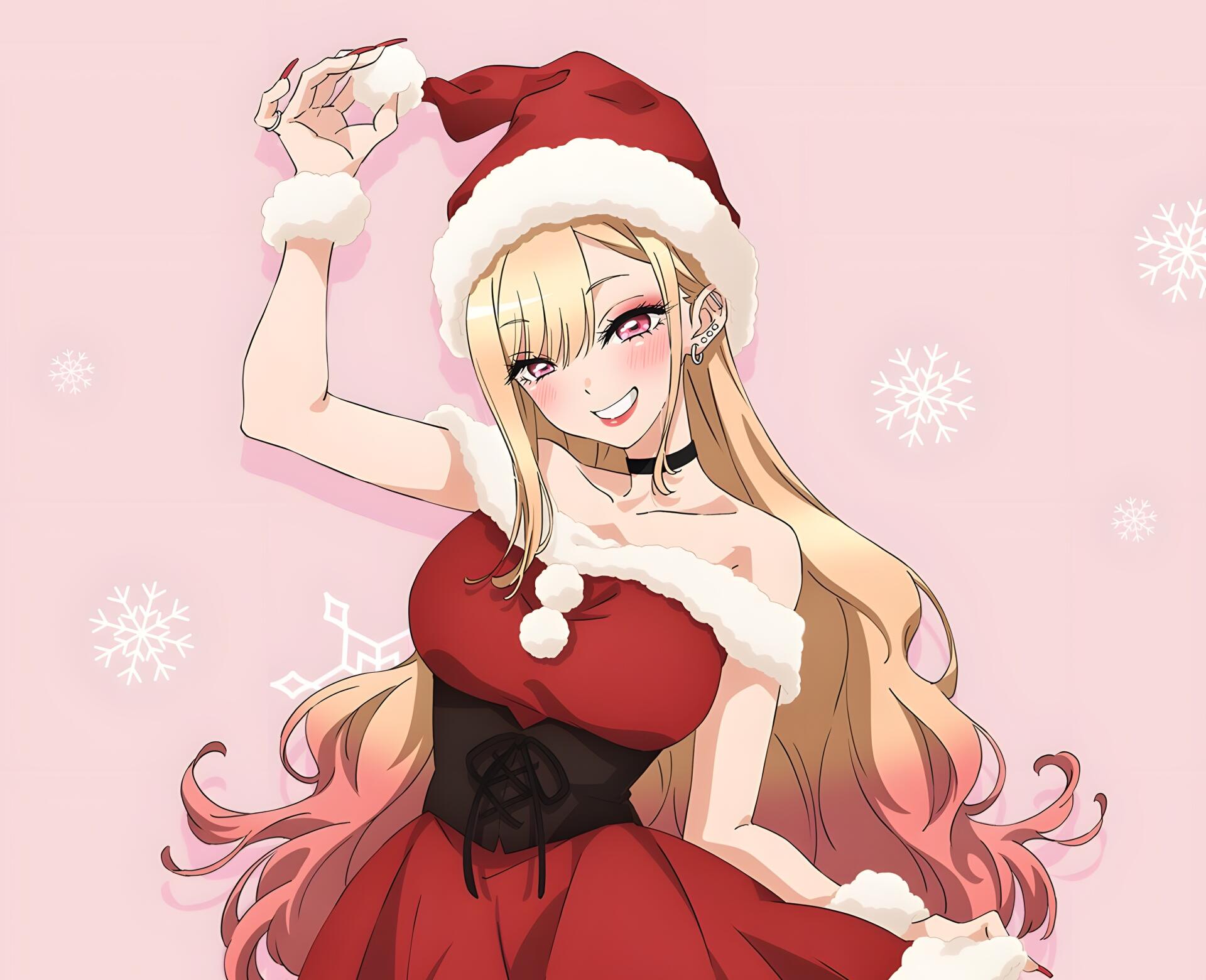 4K Ultra HD PC desktop wallpaper: Anime Marin Kitagawa (My Dress-Up Darling) winking in a Santa dress on a pink, snowflake-strewn background.