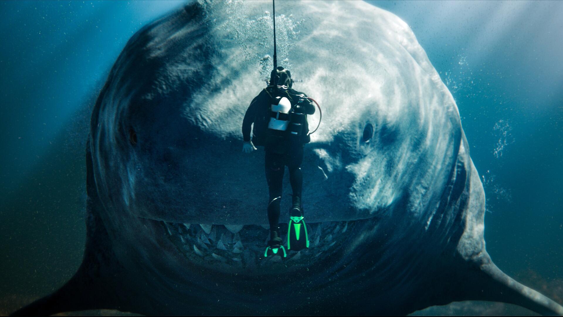 Meg 2: The Trench — 4K Ultra HD PC desktop wallpaper of a scuba diver suspended before an enormous megalodon opening its jaws in the deep trench.
