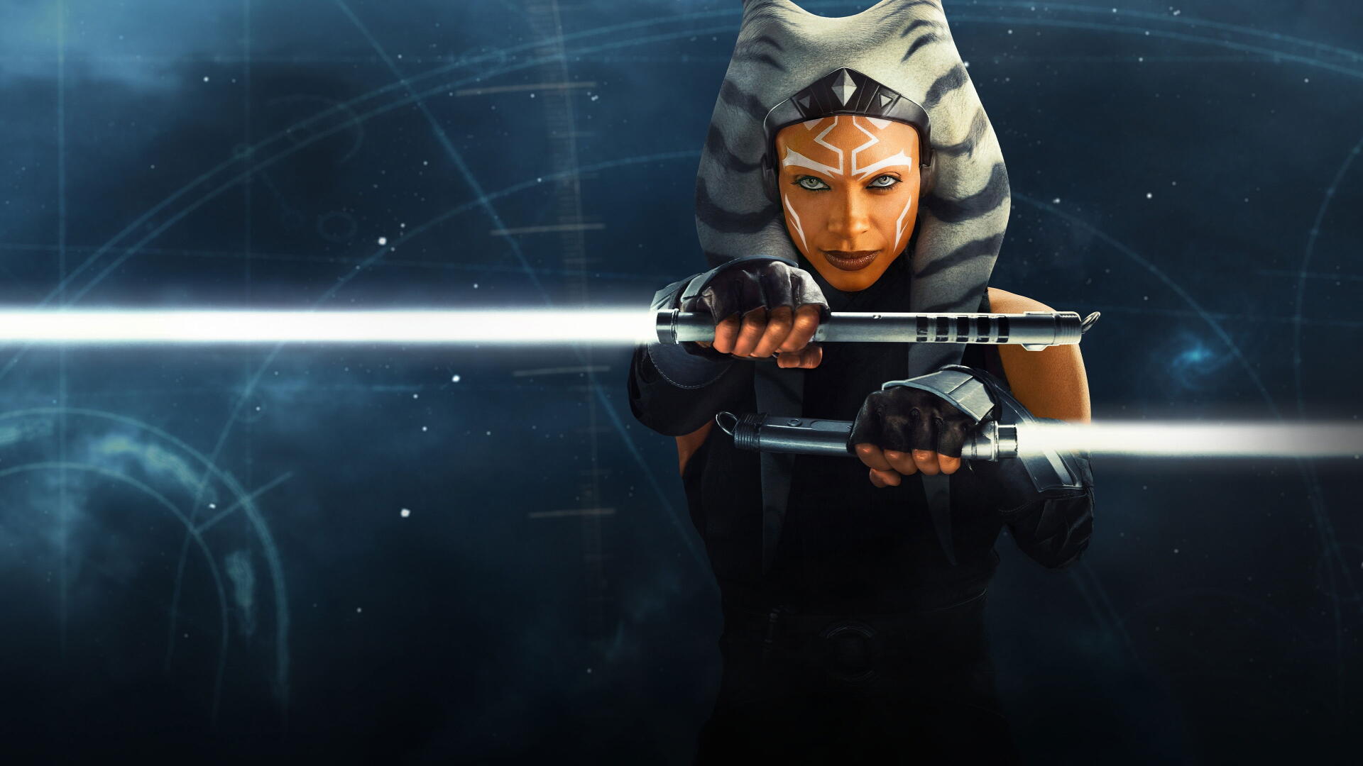 Ahsoka (2023) — 4K Ultra HD PC desktop wallpaper: Ahsoka holds dual white lightsabers crossed before a dark, starry cosmic background.