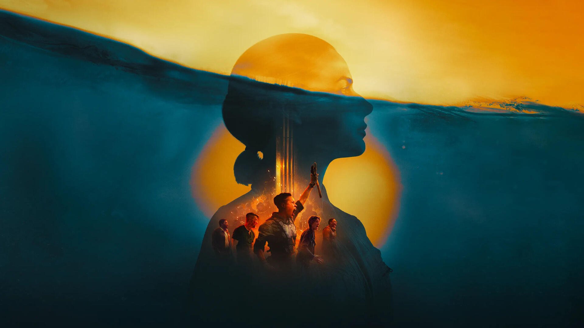 4K Ultra HD PC desktop wallpaper: surreal double-exposure silhouette shaped like a silo, glowing sun at the horizon, tiny figures clustered within a warm orange and teal composition.
