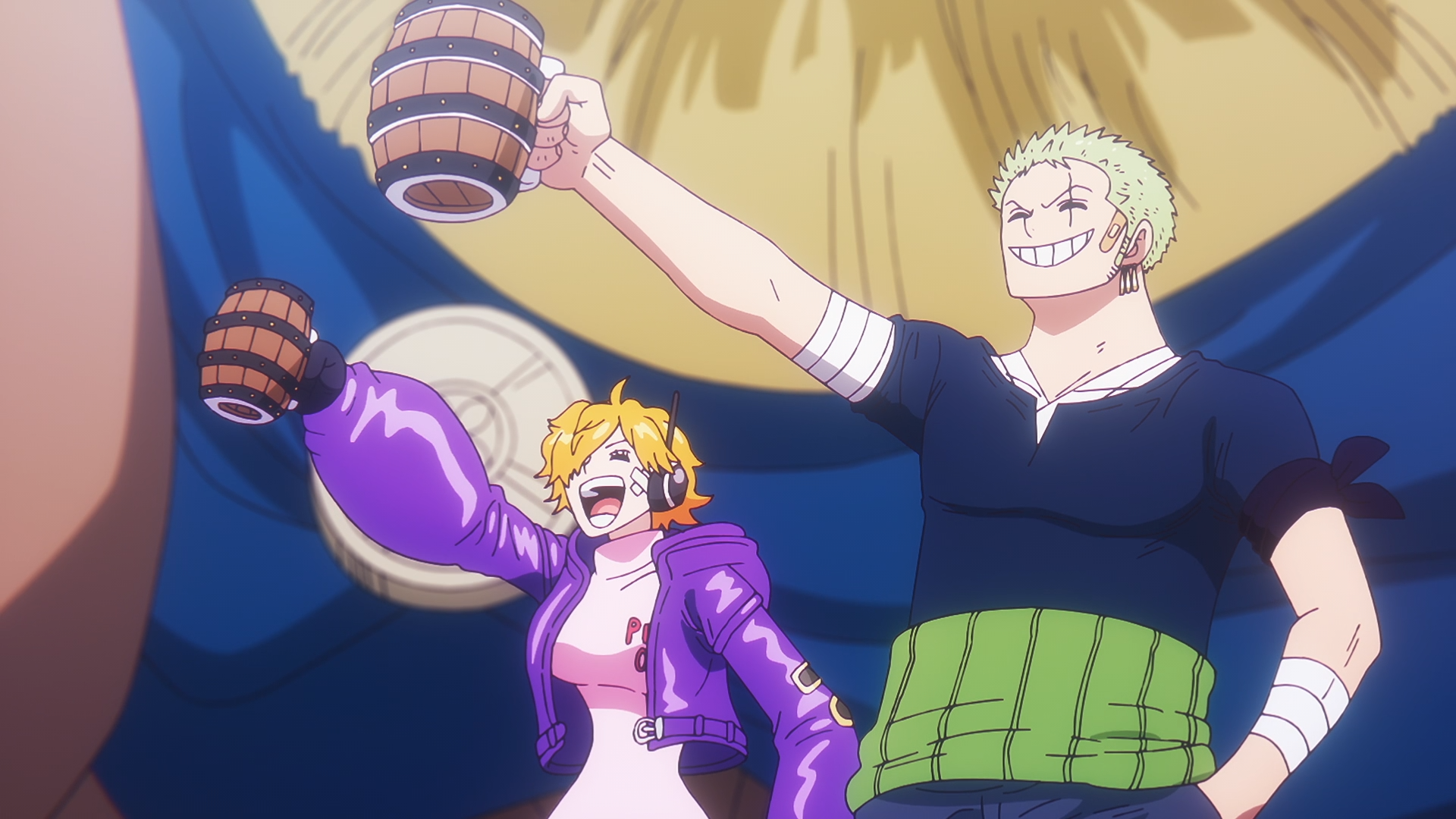 HD PC desktop wallpaper of One Piece: Lilith (One Piece) and Roronoa Zoro cheer, raising wooden mugs and grinning against a dramatic blue-and-gold background.