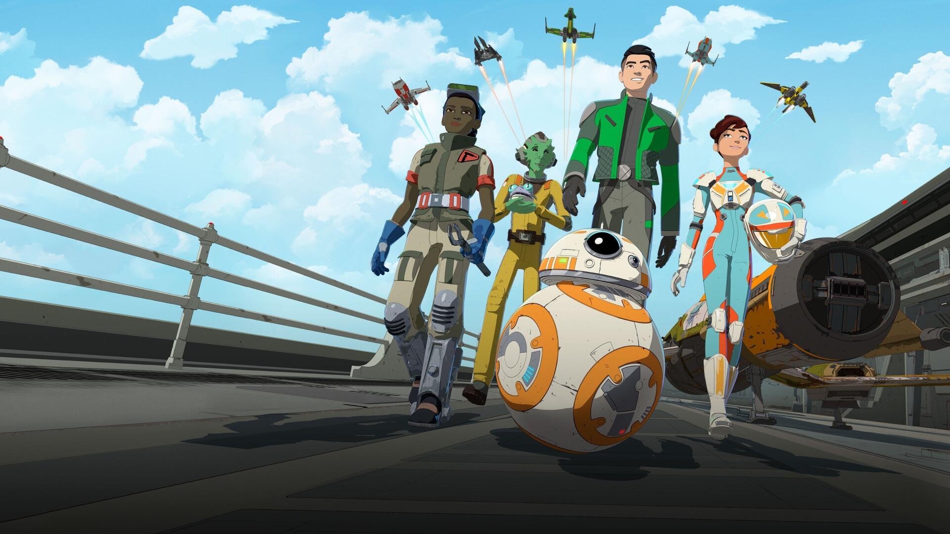 Star Wars Resistance 4K Ultra HD PC desktop wallpaper: animated Resistance crew and BB‑8 stride across a runway with starfighters against a bright blue sky.