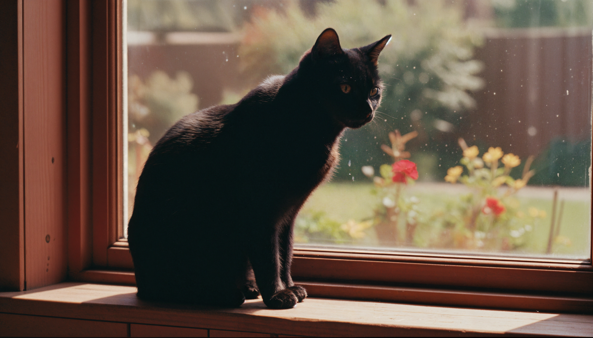 Black cat silhouetted on a windowsill with sunlit garden bokeh — 4K Ultra HD PC desktop wallpaper and background.