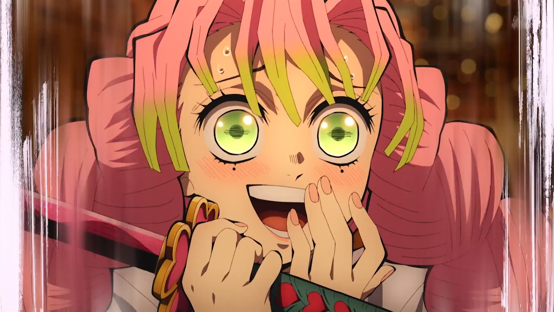 HD PC wallpaper of Mitsuri Kanroji from the anime Demon Slayer: Kimetsu no Yaiba — close-up of her bright green eyes, joyful blush, and hands clasping her sword.