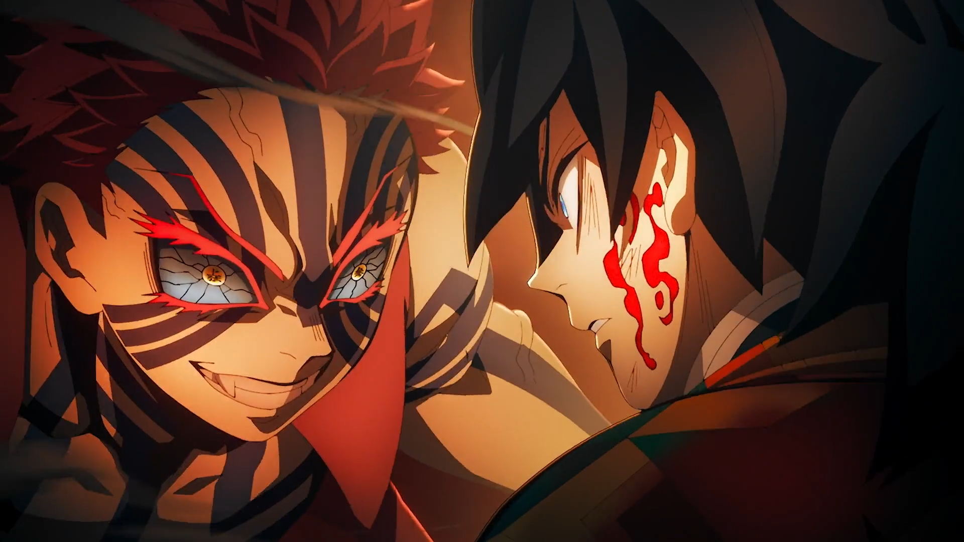 HD PC wallpaper: close-up of Giyuu Tomioka facing Akaza from Demon Slayer: Kimetsu no Yaiba, intense stare with blood and demonic markings.