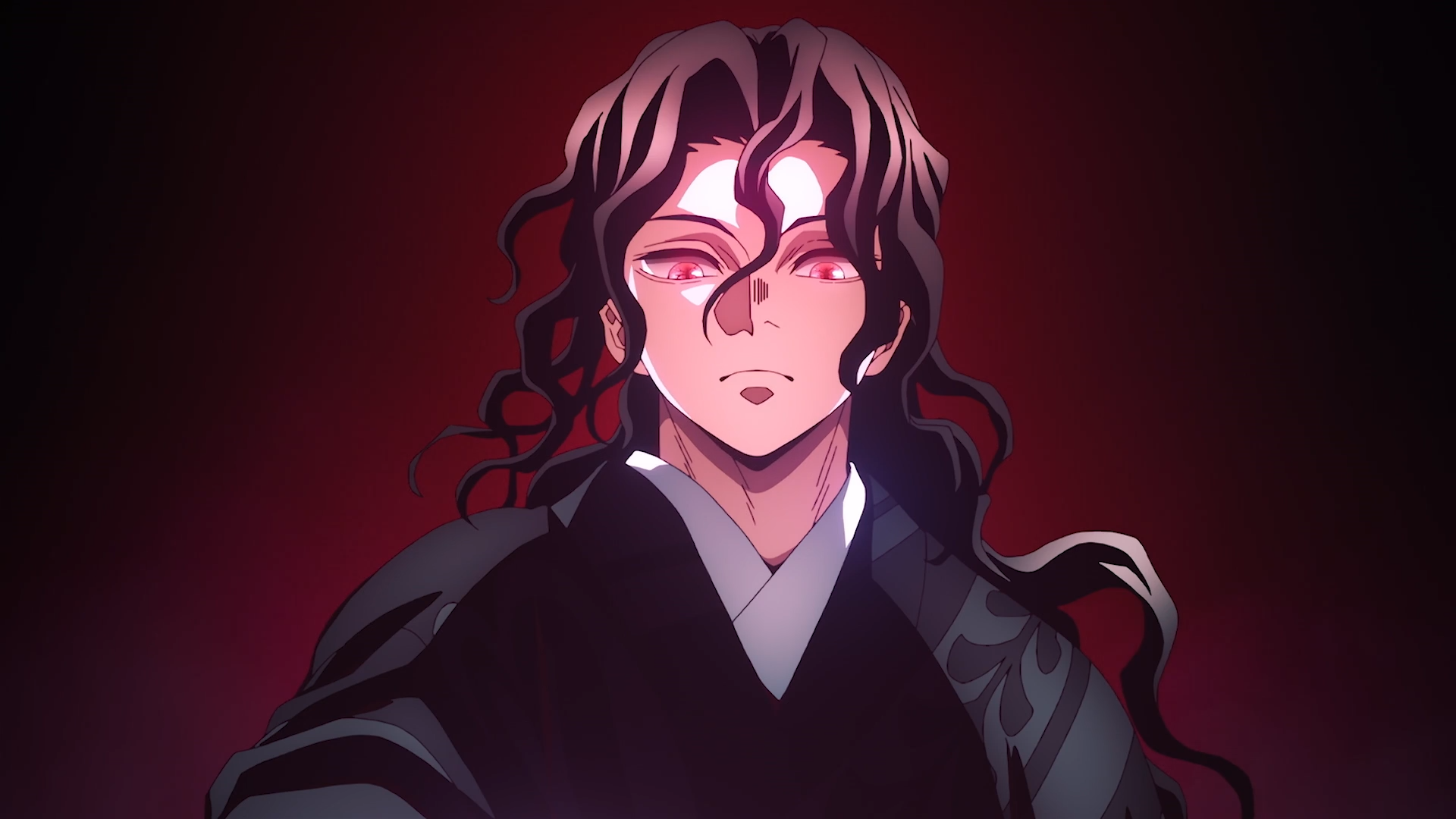 HD PC desktop wallpaper/background of Muzan Kibutsuji from Demon Slayer: Kimetsu no Yaiba — close-up portrait with crimson glow and flowing dark robes.
