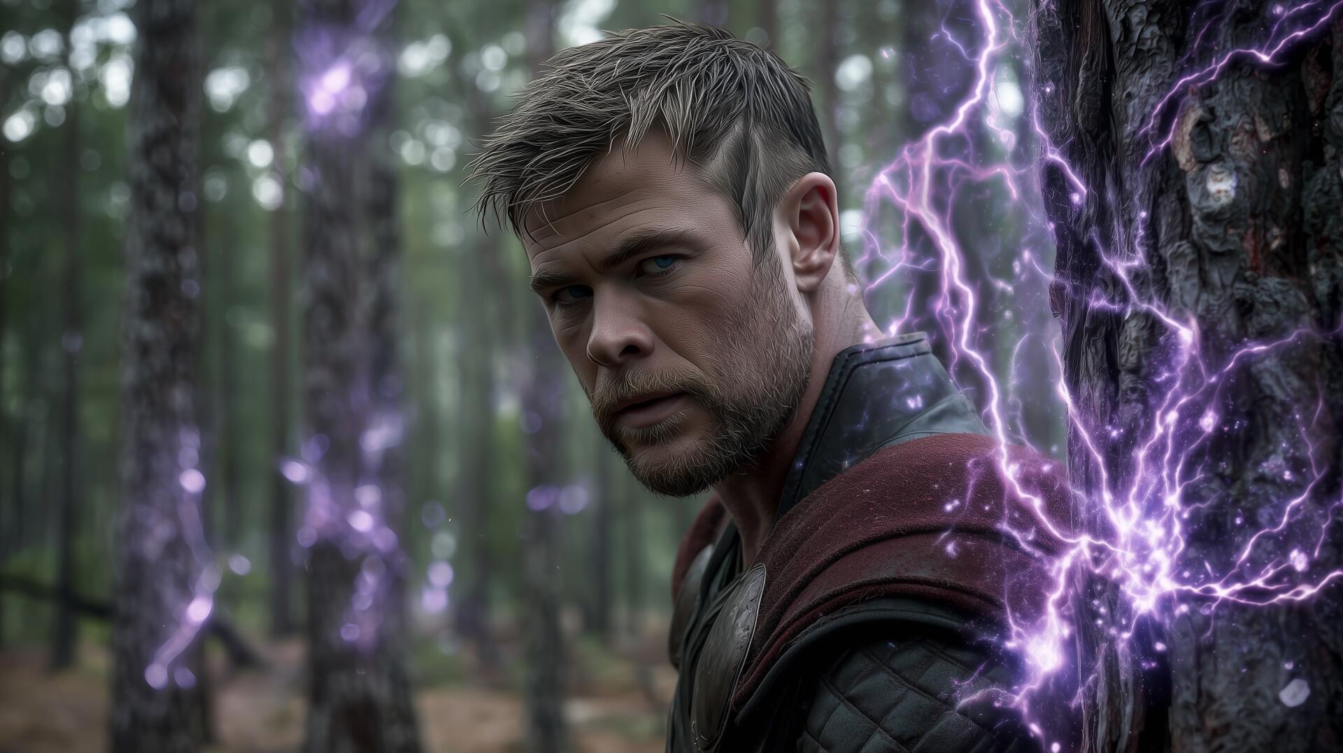 Marvel Comics' Thor in a moody forest, lightning crackling around him, intense expression — 2K Quad HD PC desktop wallpaper and background.