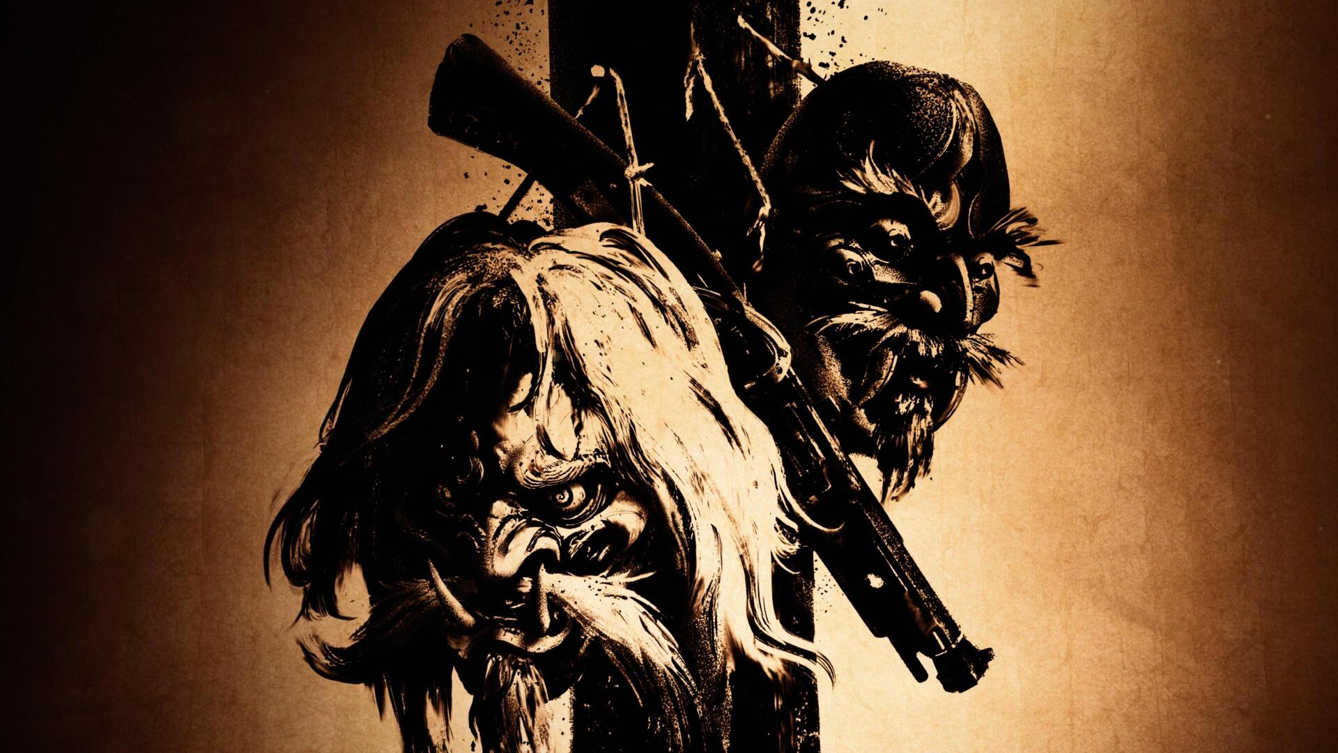 4K Ultra HD PC wallpaper of the video game Ghost of Yōtei — two eerie worn masks hung on a wooden post, dark samurai aesthetic with deep shadows and sepia tones.
