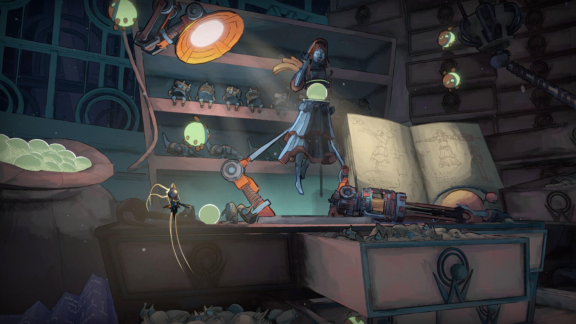 HD PC desktop wallpaper for the video game Mio: Memories in Orbit — a dim workshop scene with a lamp-lit robot assembling tiny figures on a cluttered workbench, open book and glowing orbs.