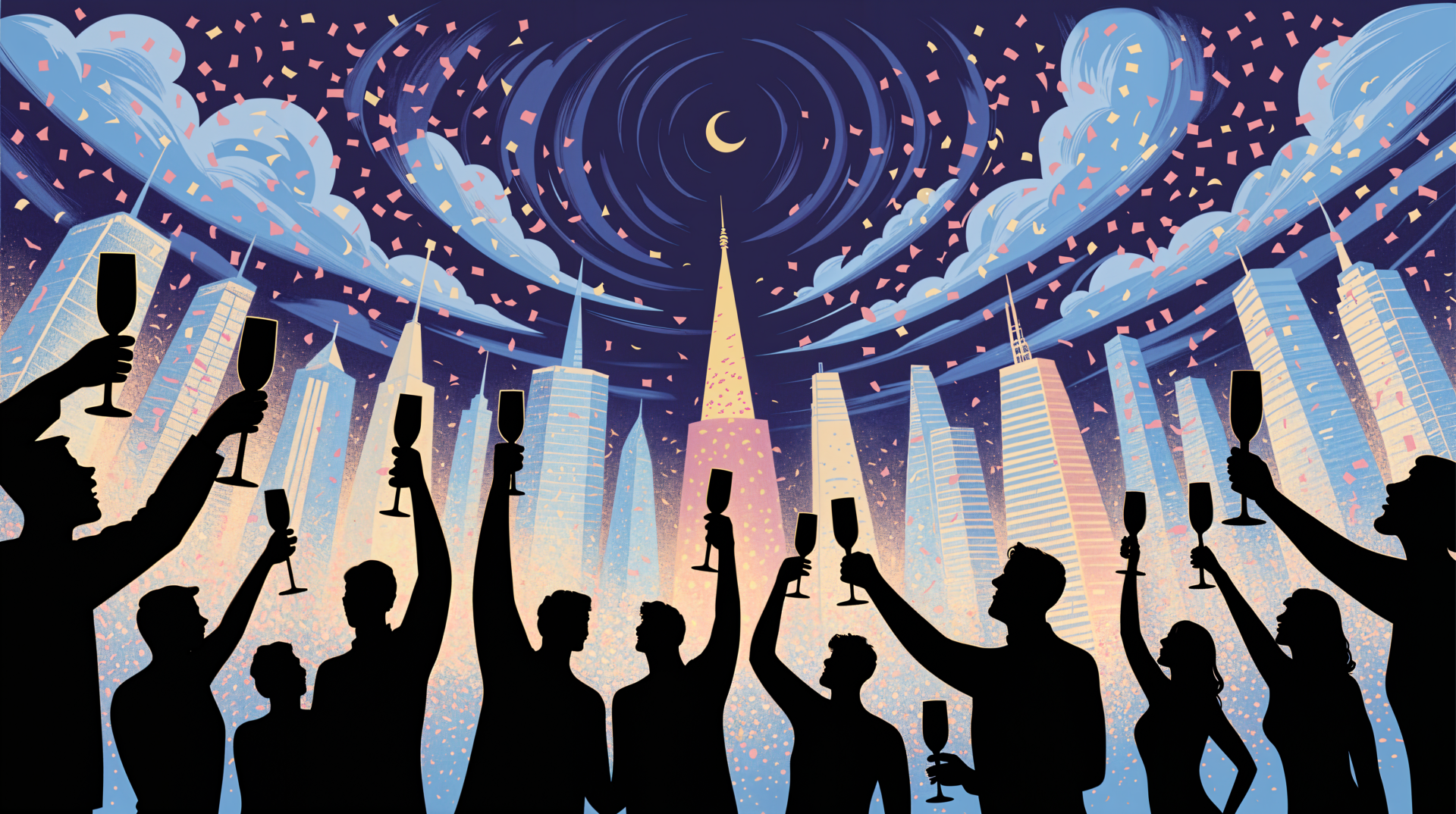 4K Ultra HD PC desktop wallpaper: New Year's Eve city skyline with swirling night sky, crescent moon, confetti and fireworks, silhouetted crowd raising glasses in celebration.