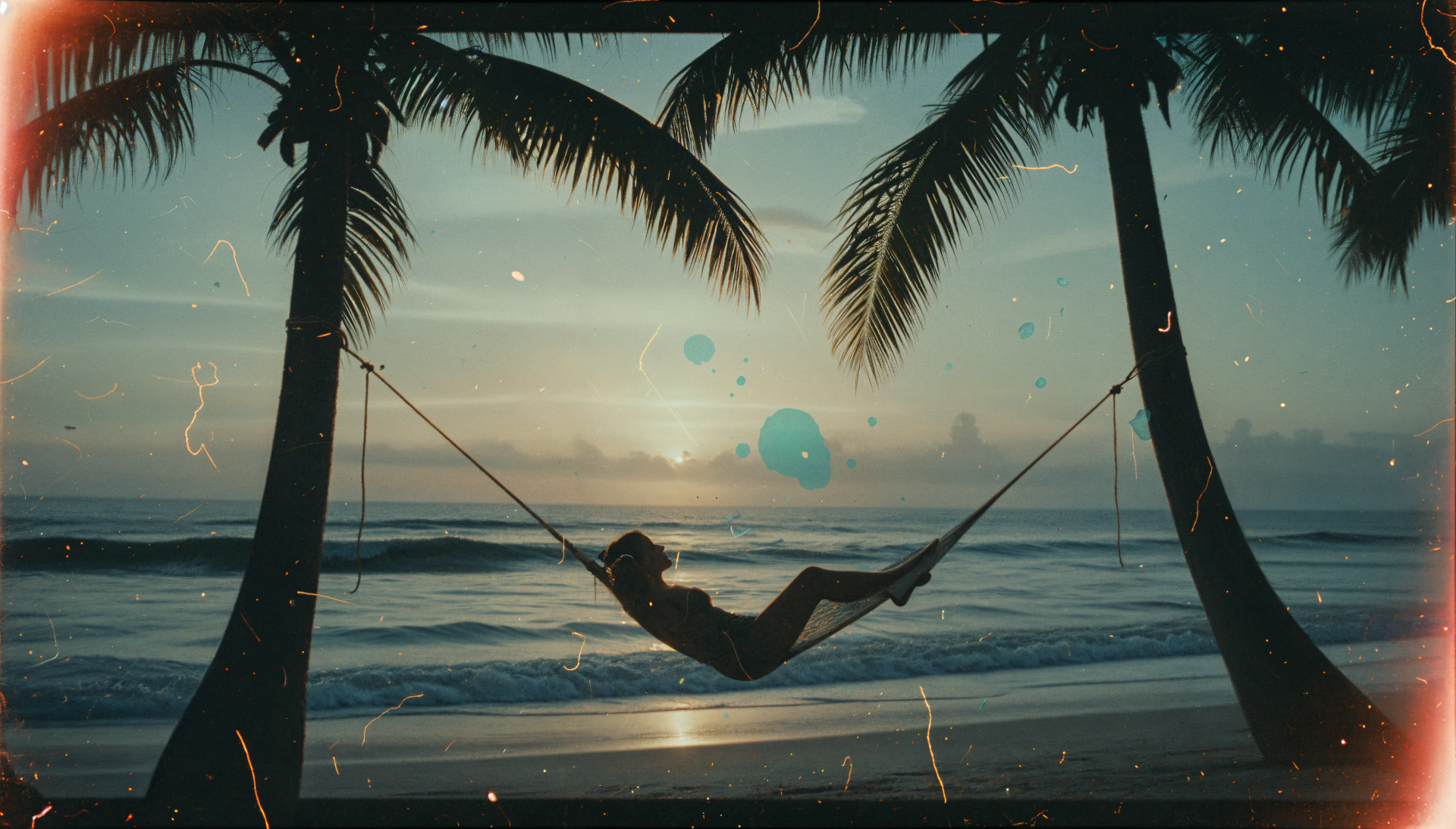 4K Ultra HD PC Desktop Wallpaper and Background: silhouette in a hammock strung between palm trees at sunset, calm ocean waves and pastel sky.