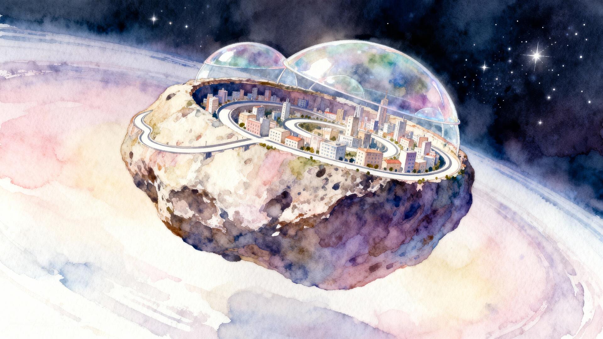 4K Ultra HD PC desktop wallpaper and background: a watercolor-style floating asteroid city with glass domes, ring road and tiny skyscrapers drifting above a pastel planet and starry space.