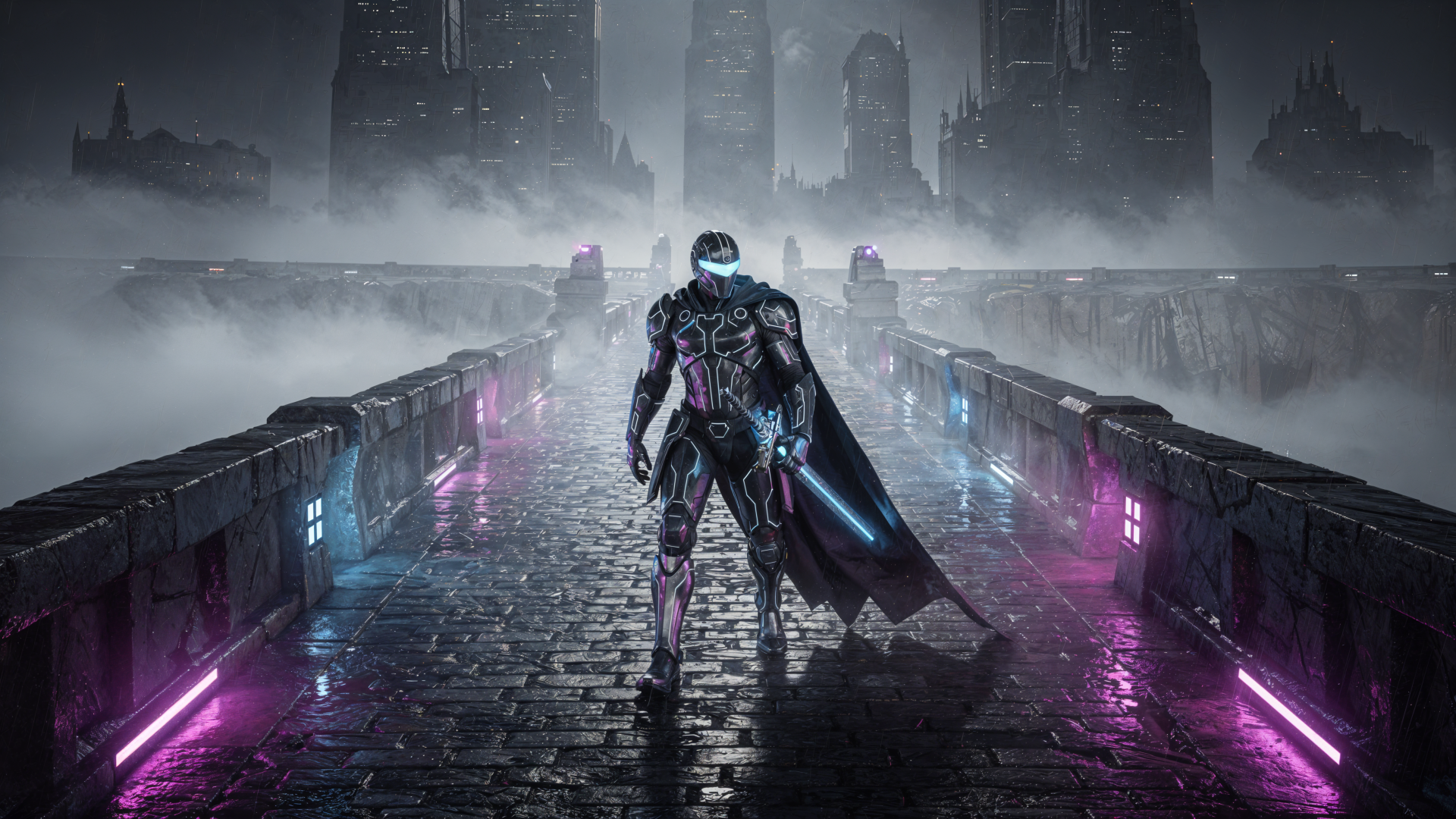 4K Ultra HD PC desktop wallpaper and background: lone cybernetic warrior with glowing sword and cape stands on neon-lit bridge, overlooking foggy futuristic city skyline.