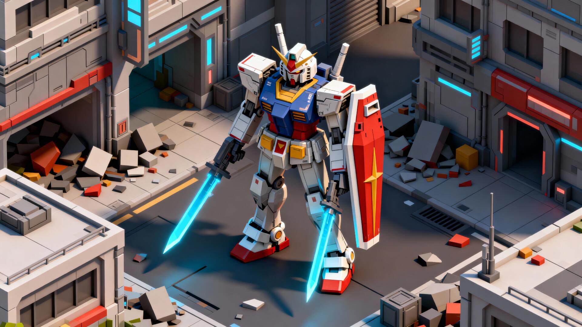 Gundam mobile suit stands in a ruined urban corridor, dual blue beam sabers ignited and red shield raised — 4K Ultra HD PC desktop wallpaper and background with high‑detail sci‑fi lighting.