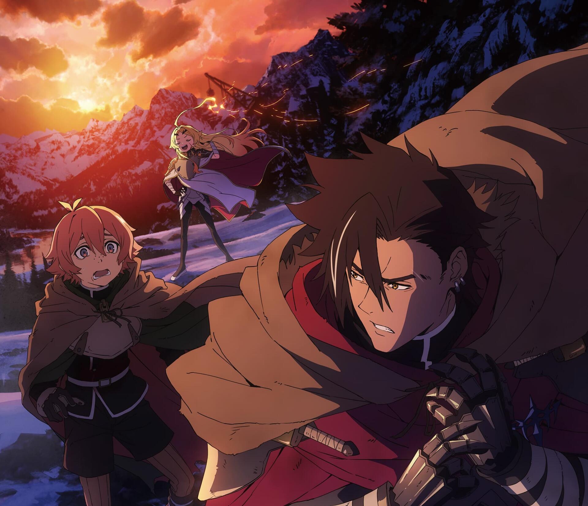 HD PC desktop wallpaper of Sentenced to Be a Hero featuring Teoritta, Xylo Forbartz, and Dotta Luzulas fleeing across a snowy mountain landscape at sunset.