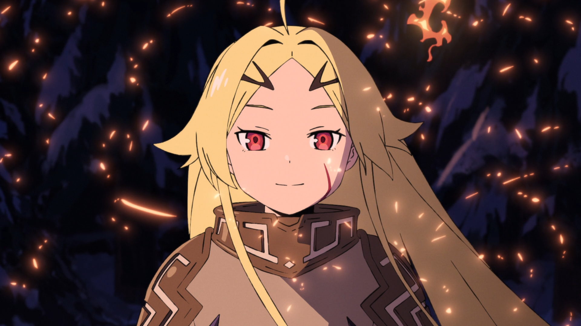 HD PC wallpaper of Teoritta from Sentenced to Be a Hero: close-up anime portrait with long blonde hair, red eyes, confident smile, glowing embers against a dark, starry background.