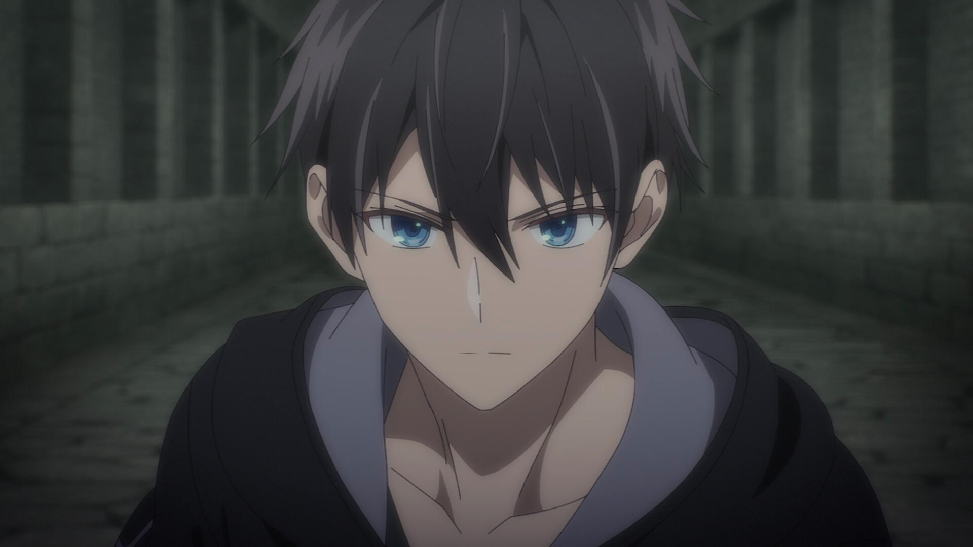 Orhun Dura from Jack-of-All-Trades Party of None — close-up anime portrait with dark hair and blue eyes against a dim corridor; HD PC desktop wallpaper background.