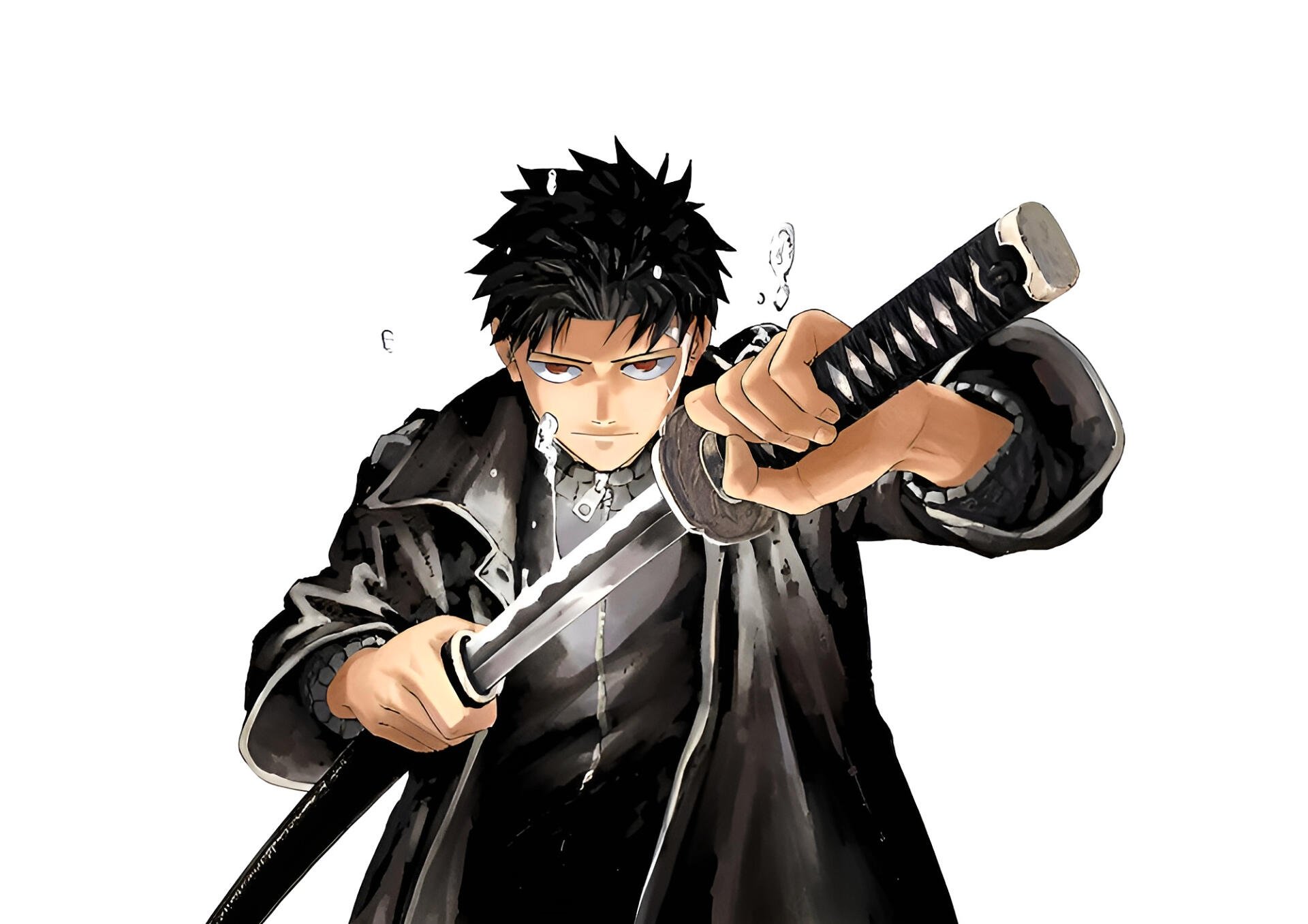 Kagurabachi anime boy thrusts a katana toward the viewer against a white background — HD PC desktop wallpaper and background.