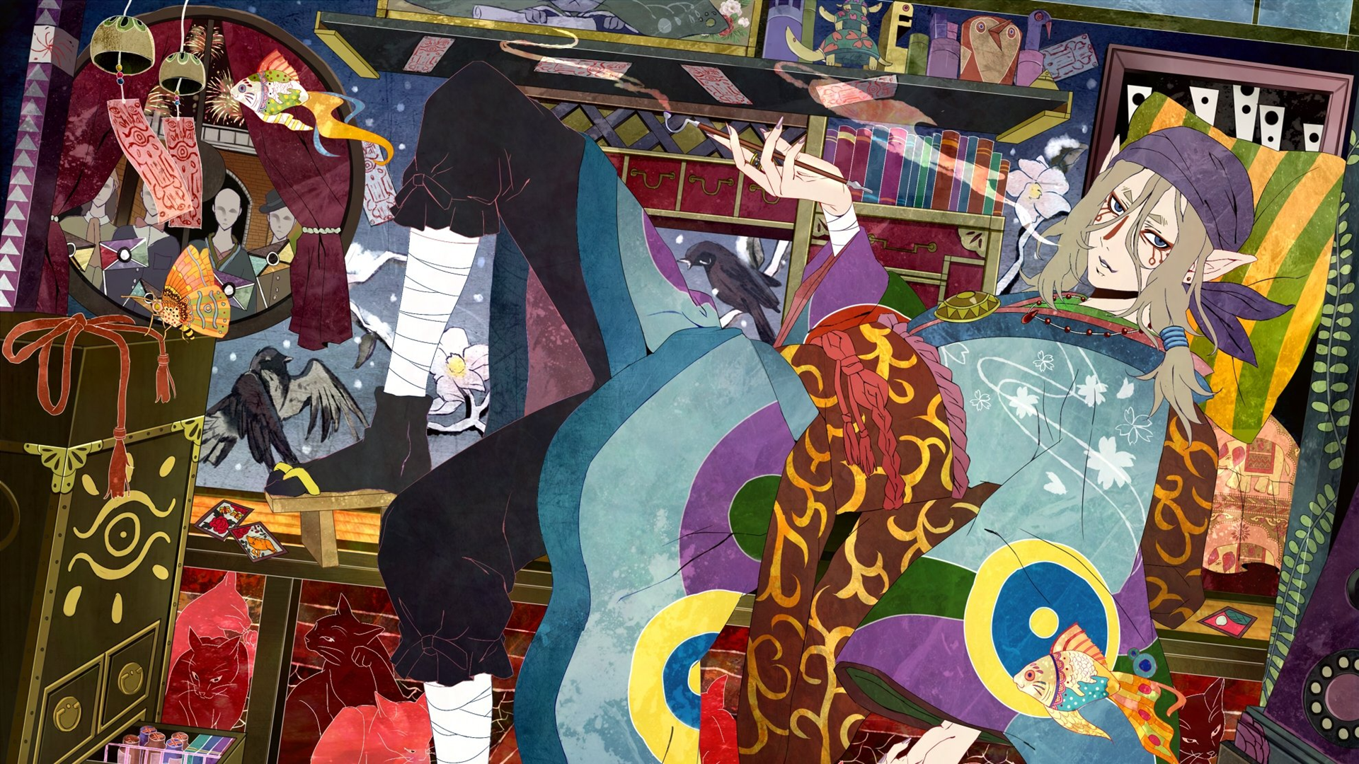 Anime HD PC desktop wallpaper of Mononoke’s Kusuriuri reclining amid ornate, colorful patterns, mystical talismans and surreal, layered backgrounds conveying a haunting, stylized atmosphere.
