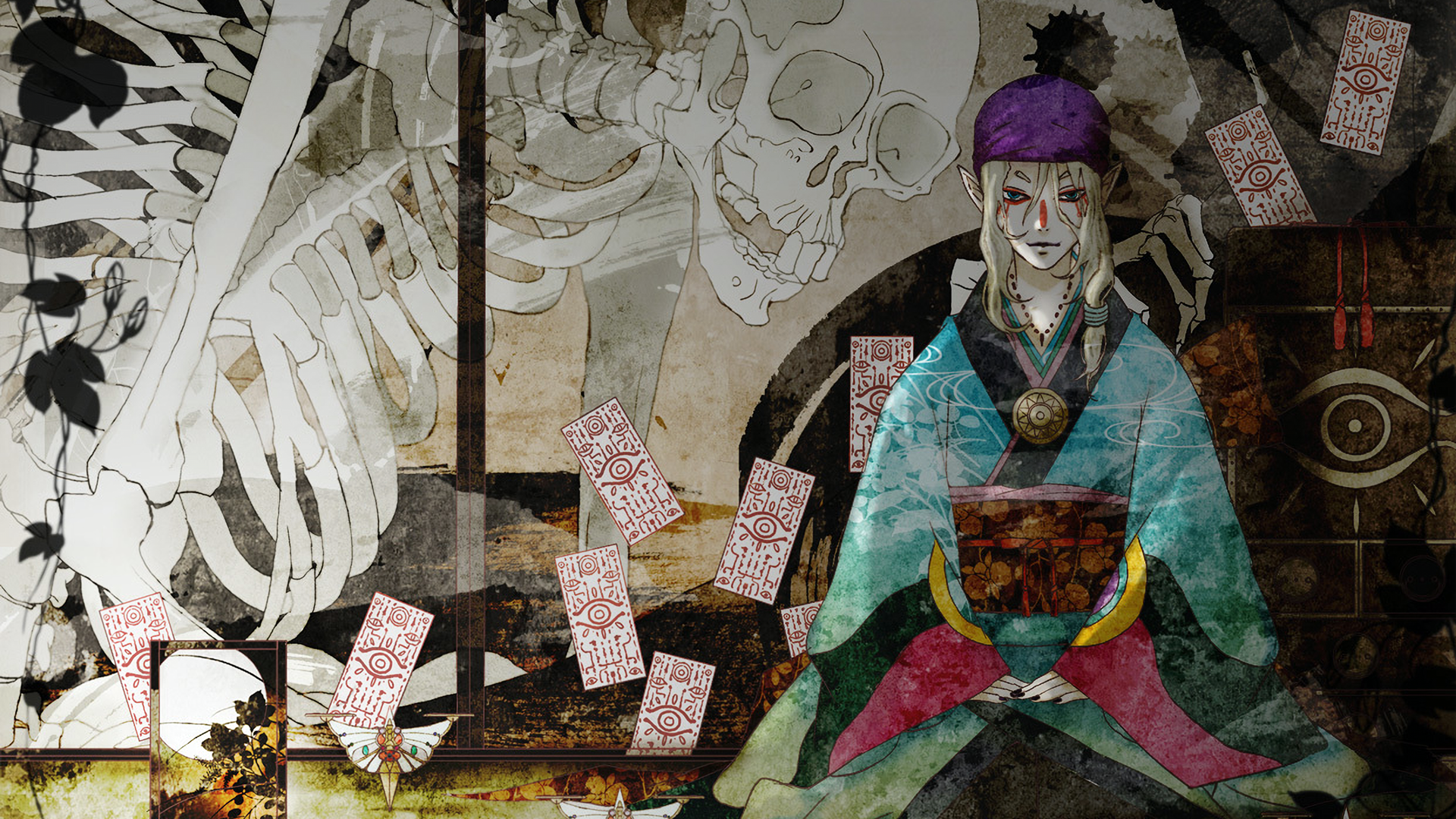 HD PC desktop wallpaper of Kusuriuri (Mononoke): the pale-clad anime boy Medicine Seller seated before a giant skeleton, talisman papers drifting across a textured, eerie background.
