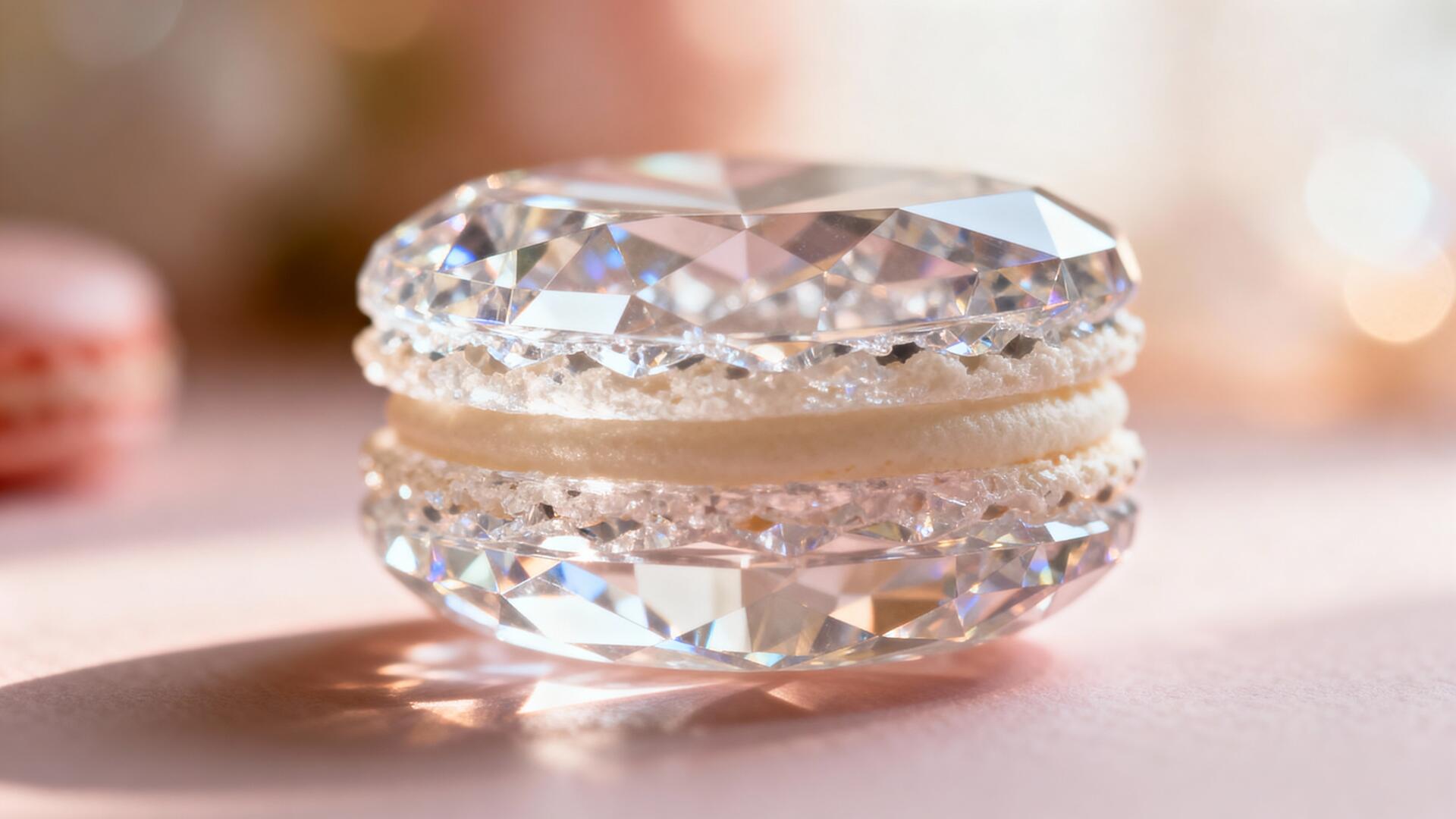 Faceted crystal macaron with creamy filling on a soft pink bokeh background — 4K Ultra HD PC desktop wallpaper and background.
