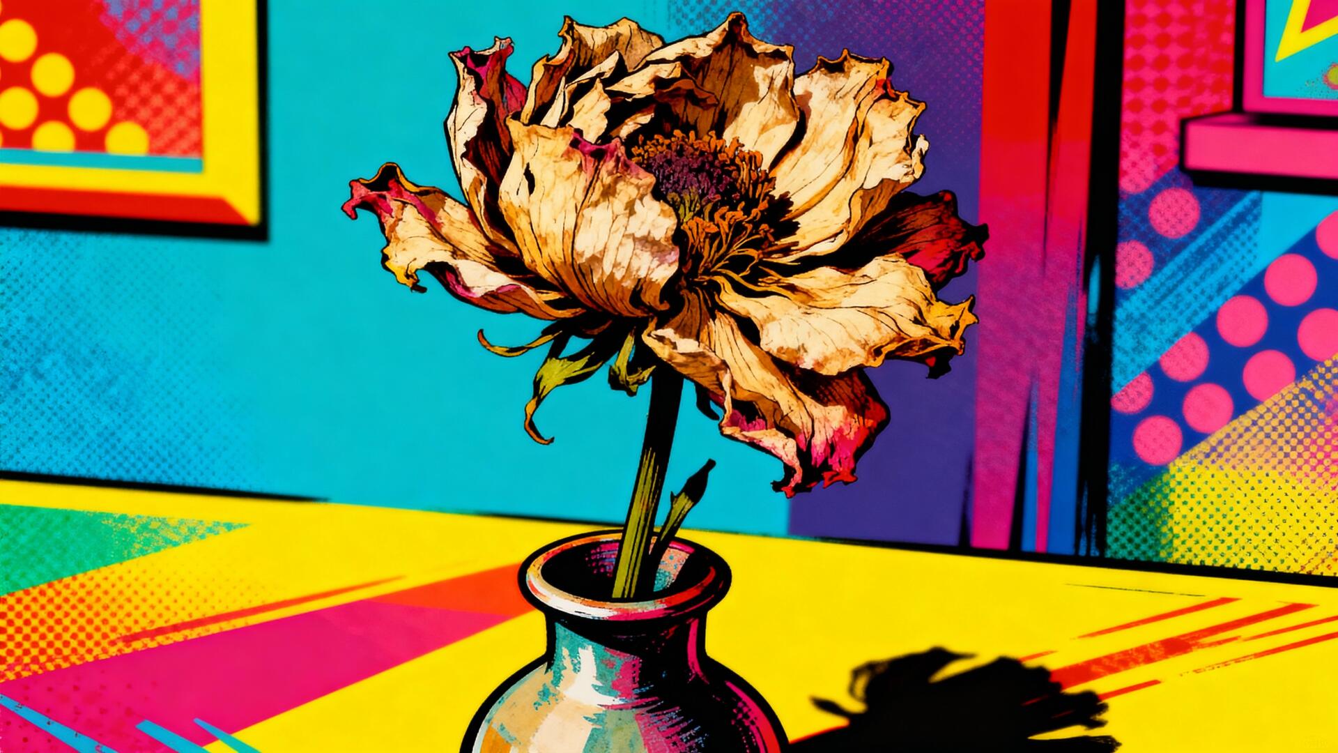 4K Ultra HD PC desktop wallpaper and background: pop-art dried flower in a vase with detailed, curled petals and a sharp shadow against bold, colorful geometric panels.