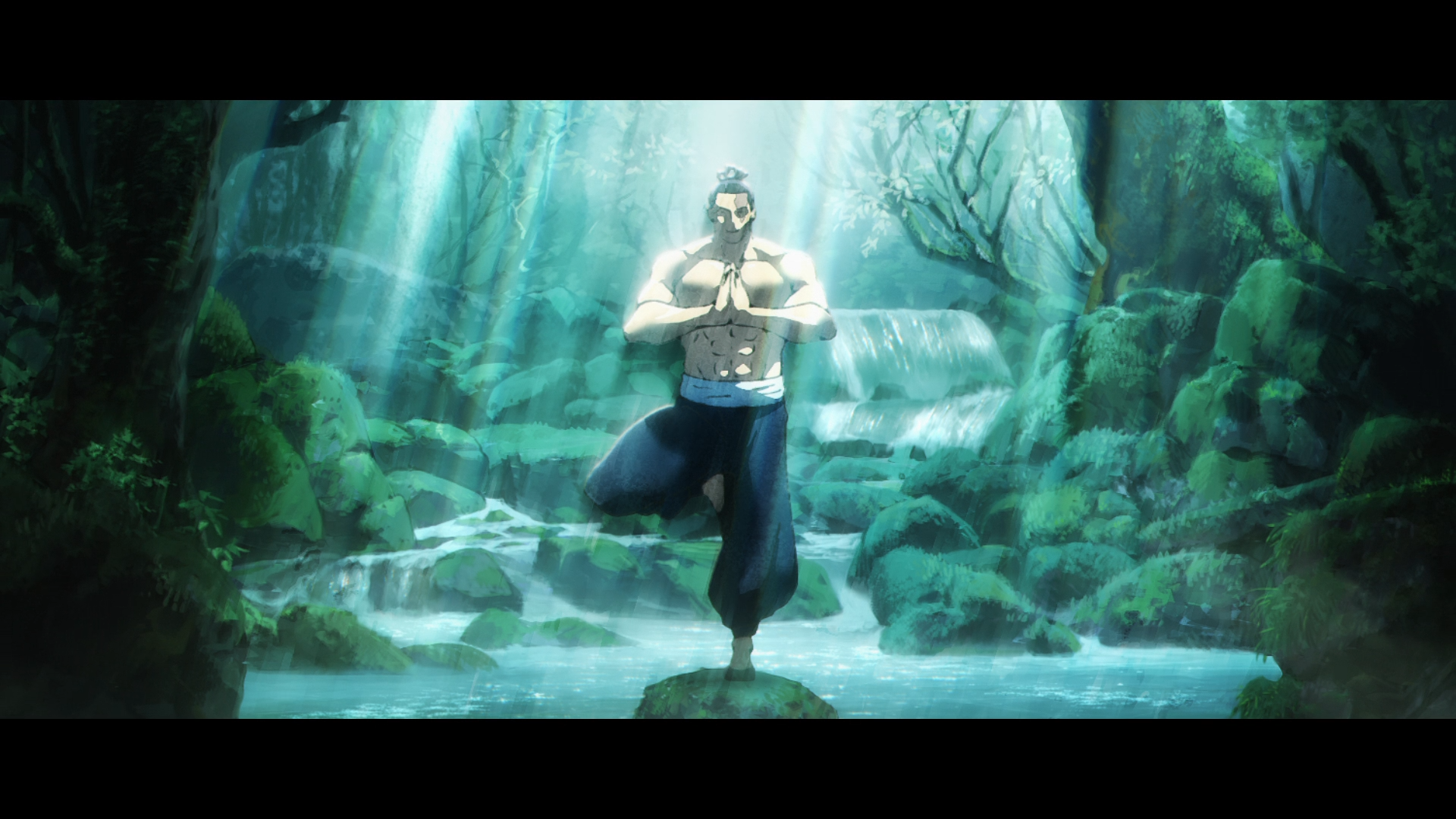 HD PC wallpaper of Aoi Todo from Jujutsu Kaisen standing balanced on one leg in a meditative pose before a glowing waterfall in a lush forest desktop background.