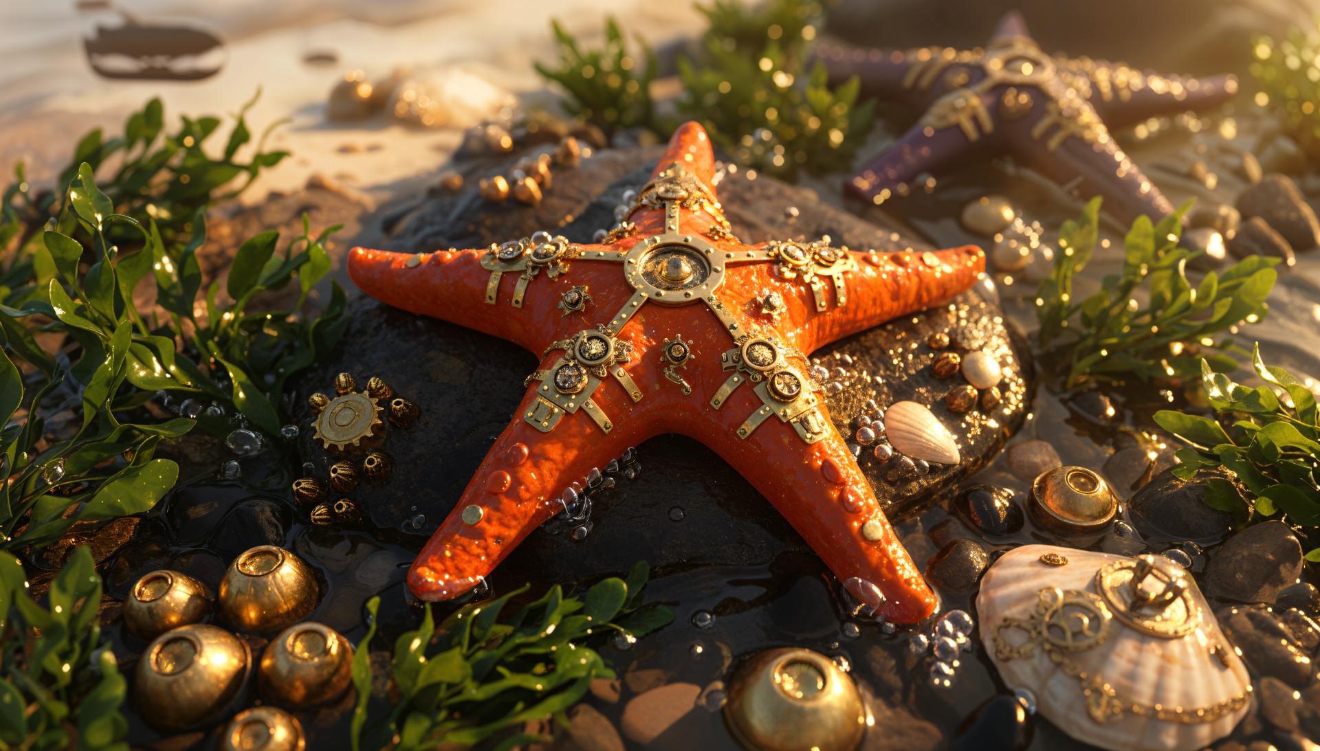 4K Ultra HD PC Desktop Wallpaper and Background: ornate orange starfish close-up on seaweed-strewn sand, surrounded by shells and golden beads glinting in warm sunlight.
