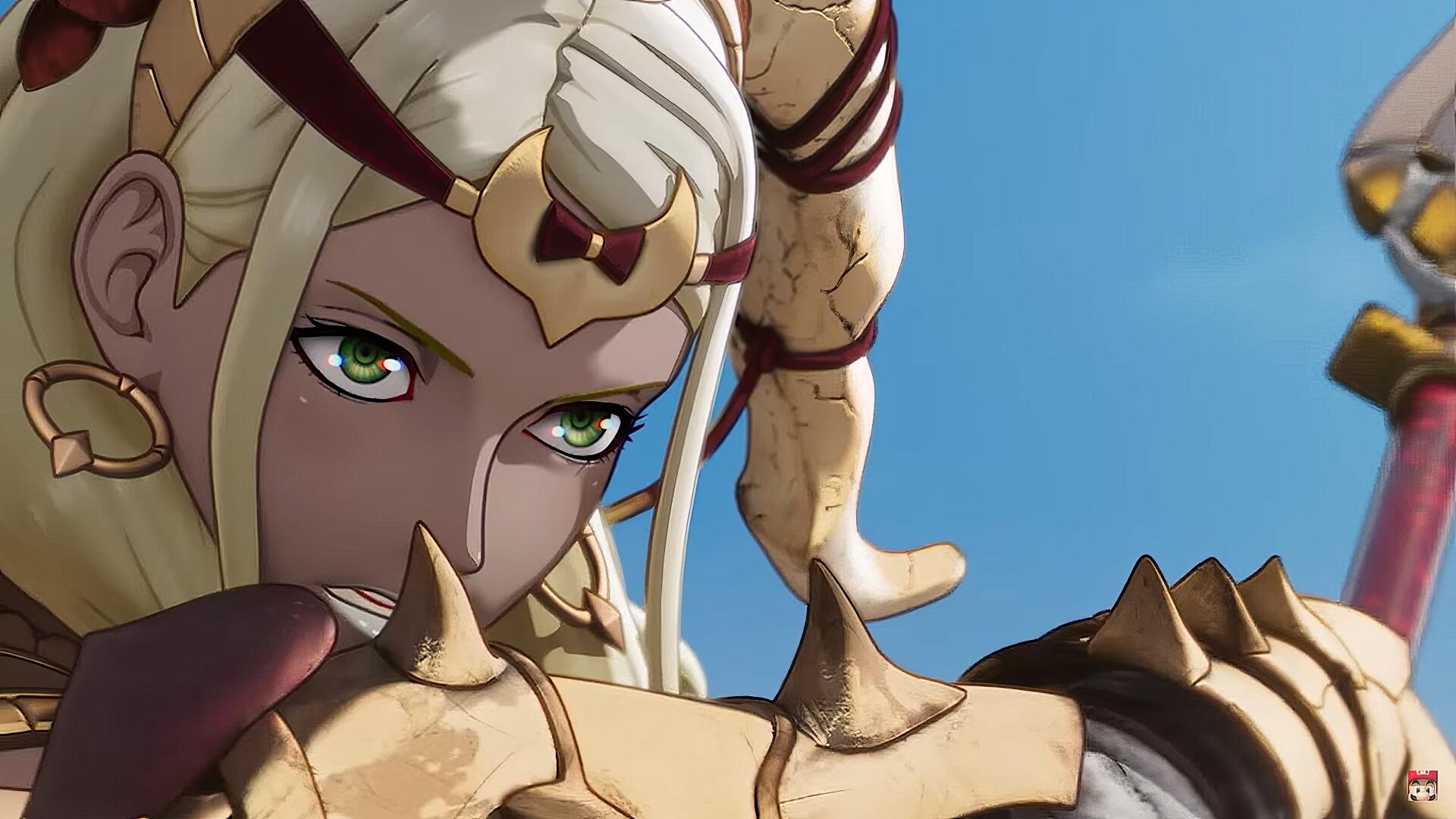 HD PC desktop wallpaper: close-up of a blonde, green-eyed warrior in ornate horned golden armor against a clear blue sky from the video game Fire Emblem: Fortune's Weave.