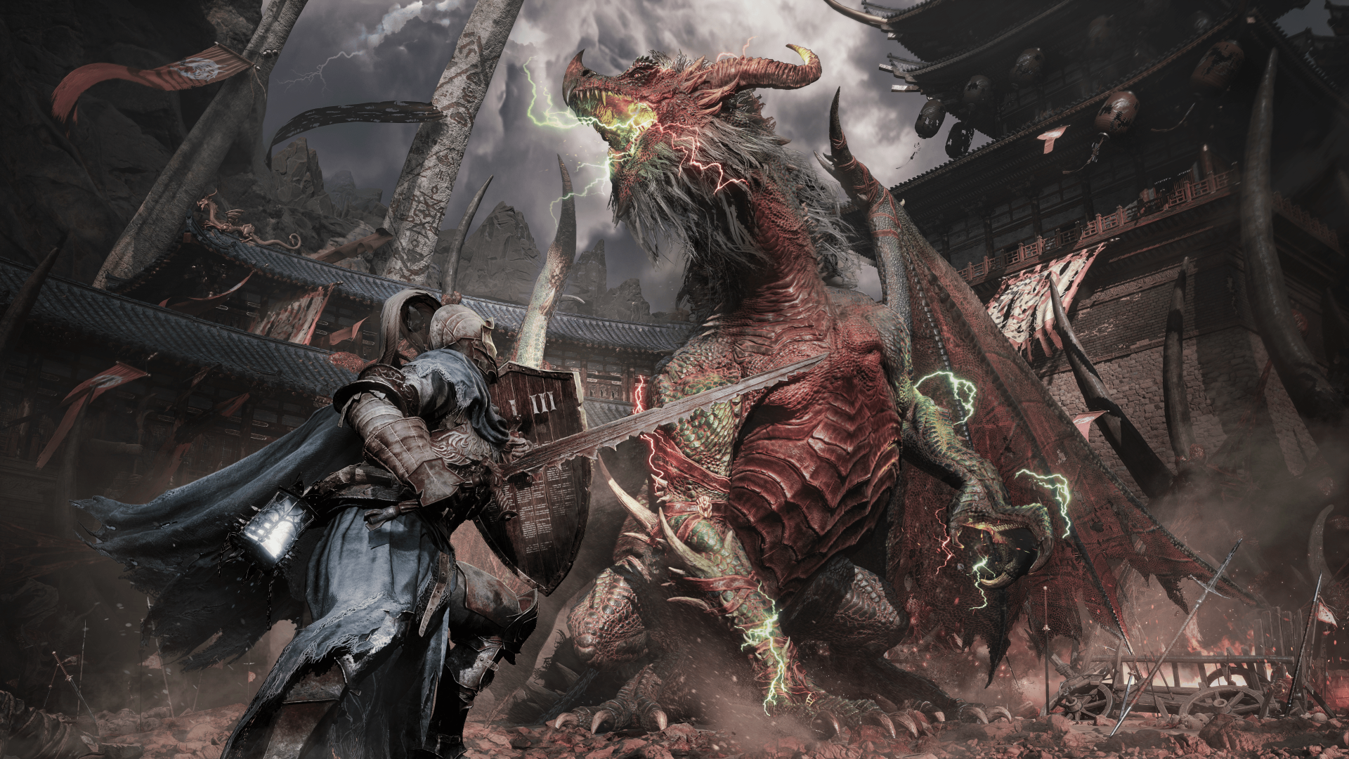 4K Ultra HD PC desktop wallpaper from the video game The Lords of the Fallen II: armored knight confronts a towering lightning-dragon amid a shattered temple under a stormy, lightning-filled sky.