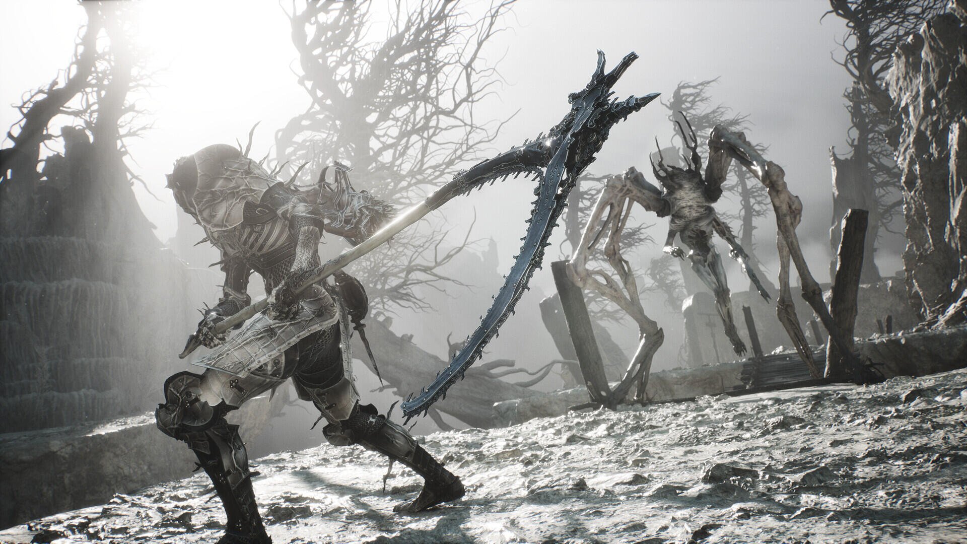 Video game Mortal Shell II HD PC desktop wallpaper: armored warrior with a jagged scythe confronts spider-like undead amid a foggy, desolate battlefield.