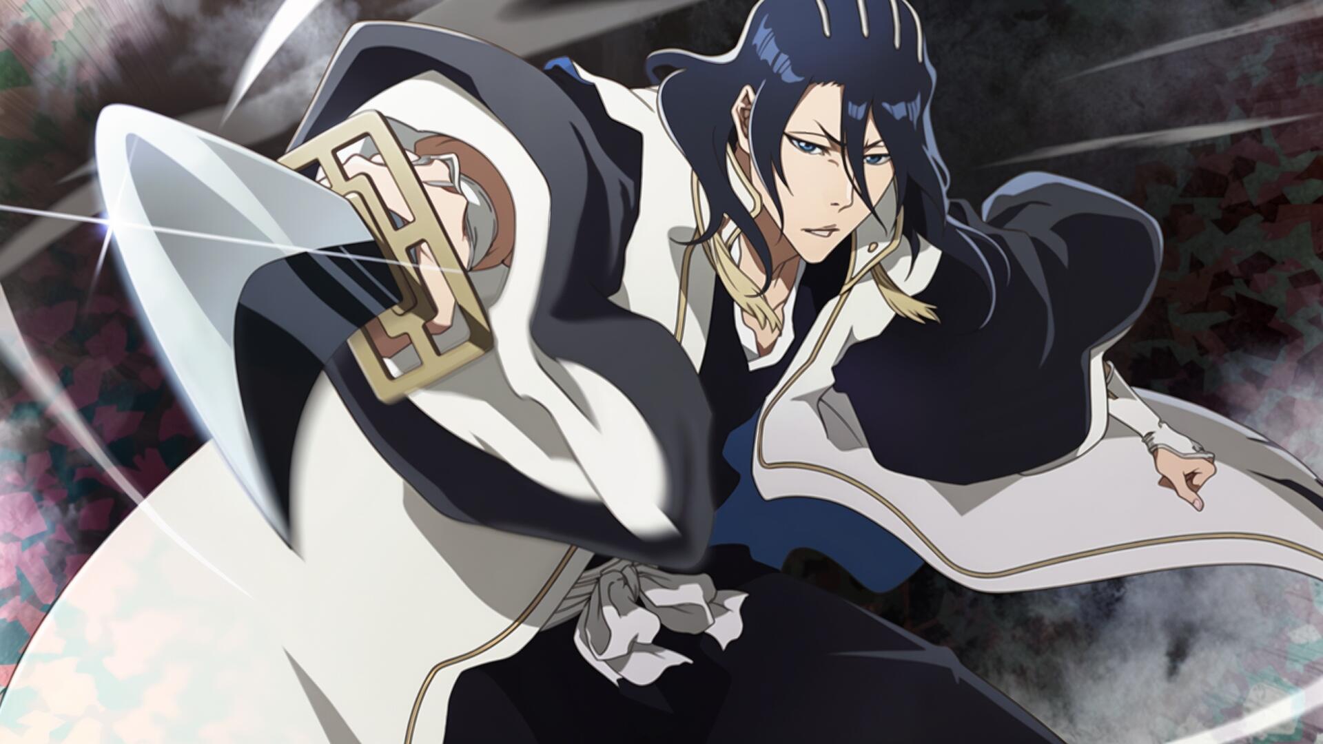 Byakuya Kuchiki from Bleach lunges with his zanpakutō drawn, wearing his captain's haori and kenseikan — dramatic 2K Quad HD anime PC desktop wallpaper.