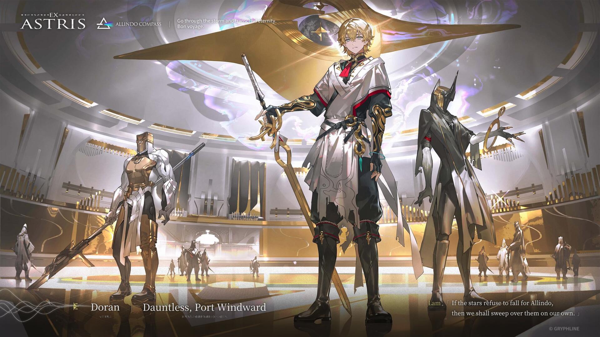 Ex Astris official HD PC desktop wallpaper/background: regal armored figures in a luminous hall - central golden-clad hero with sword and radiant halo.