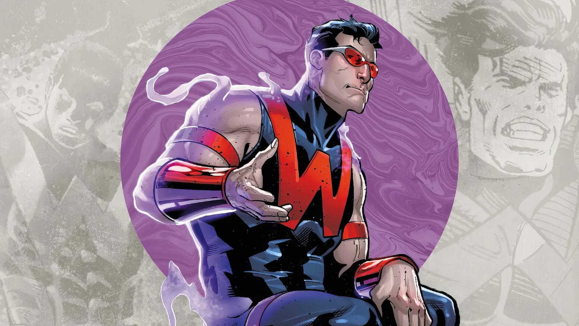 Marvel Comics Wonder Man comic-style portrait: superhero in red-and-black costume seated before a purple circle, HD PC desktop wallpaper and background.