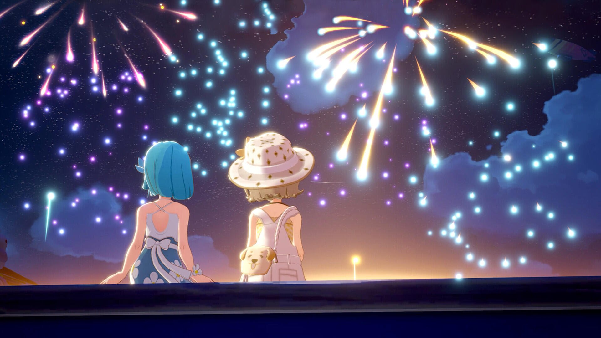 Two characters from the video game Starsand Island sit on a ledge watching fireworks over a starry night; HD PC desktop wallpaper/background with vibrant colors.