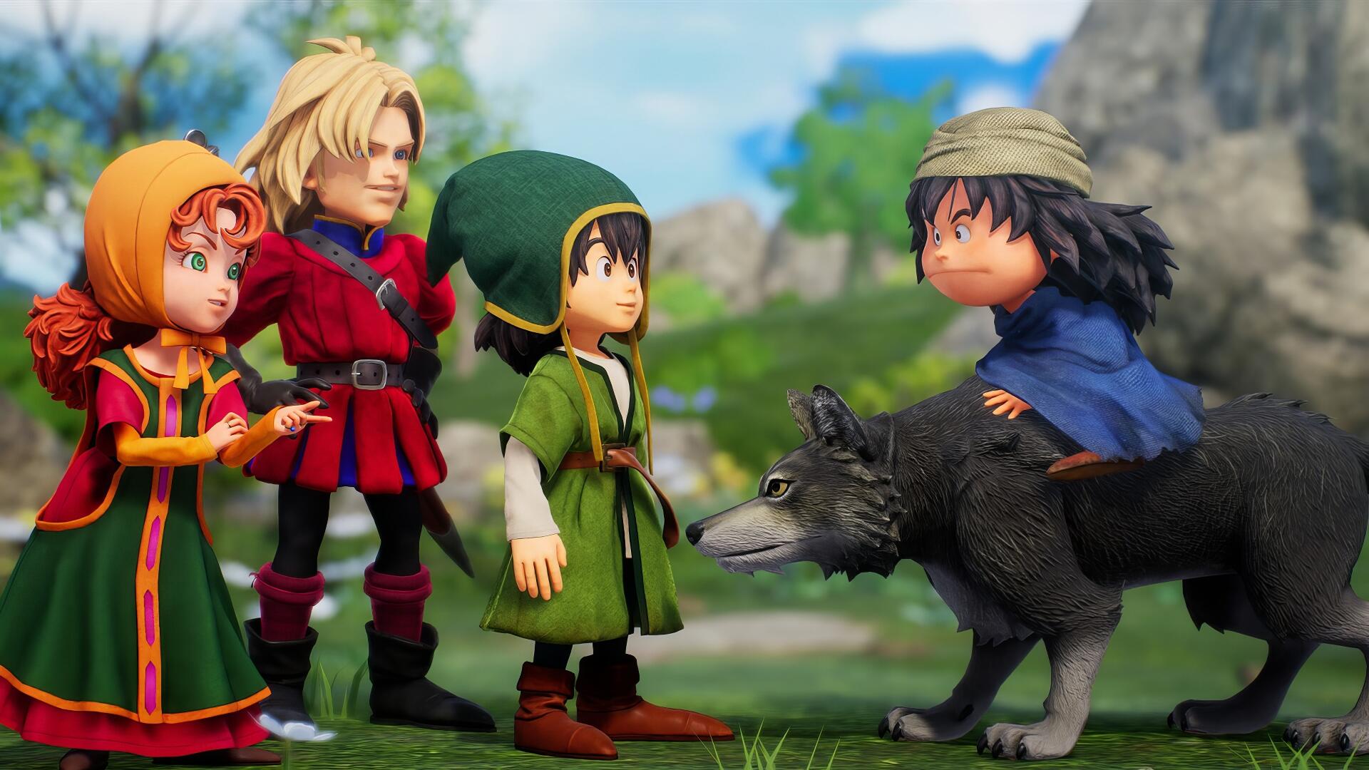 HD PC wallpaper and desktop background for the video game DRAGON QUEST VII Reimagined: four chibi-style adventurers in colorful medieval garb meeting a wolf on a sunny grassy hill.