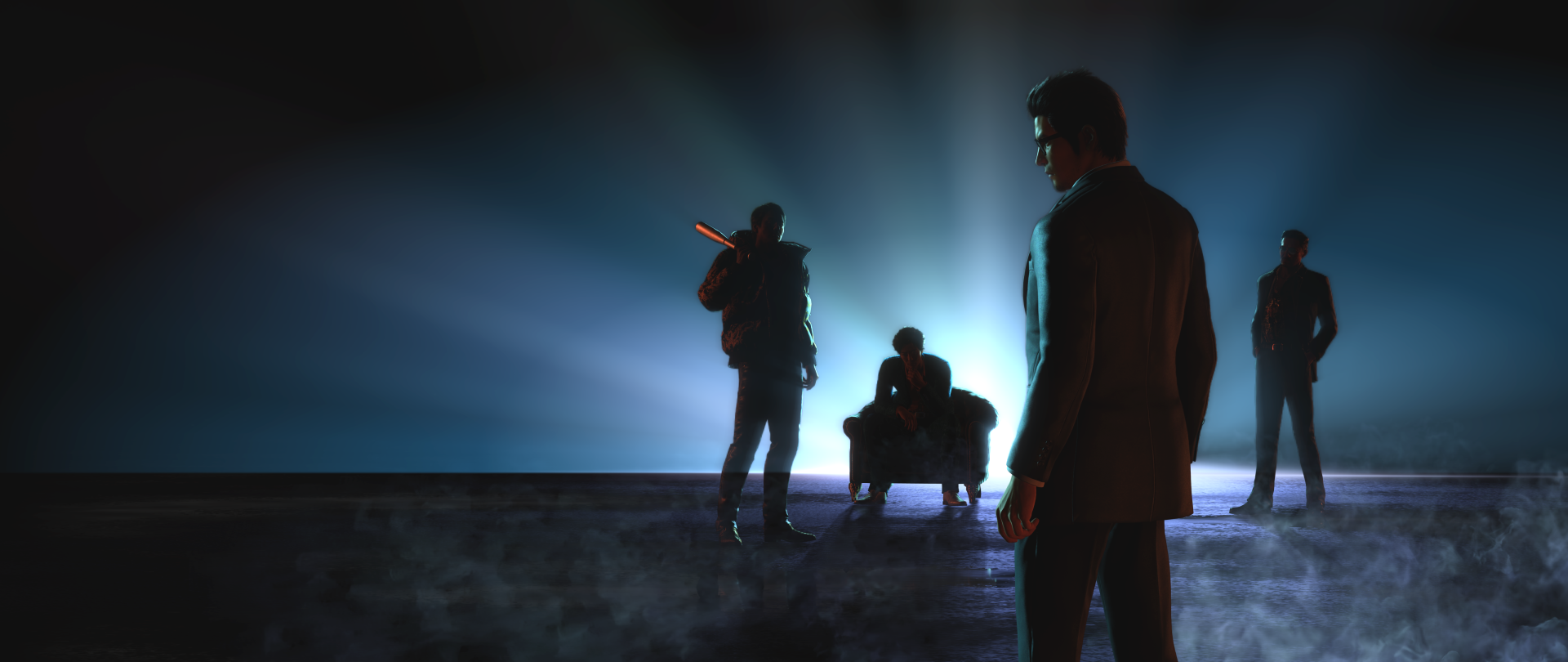 4K Ultra HD PC wallpaper — smoky, high-contrast scene from Like a Dragon Gaiden: The Man Who Erased His Name, Kazuma Kiryu in silhouette with three yakuza figures and dramatic backlight.