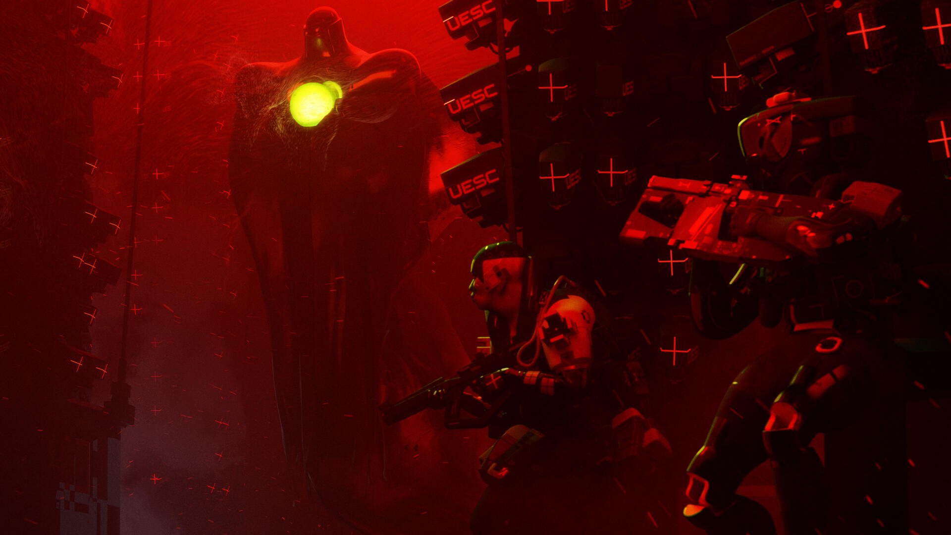 Red-tinted Marathon (video game) 2K Quad HD PC desktop wallpaper: armed marines and a towering armored mech with a glowing core in a dark industrial corridor.