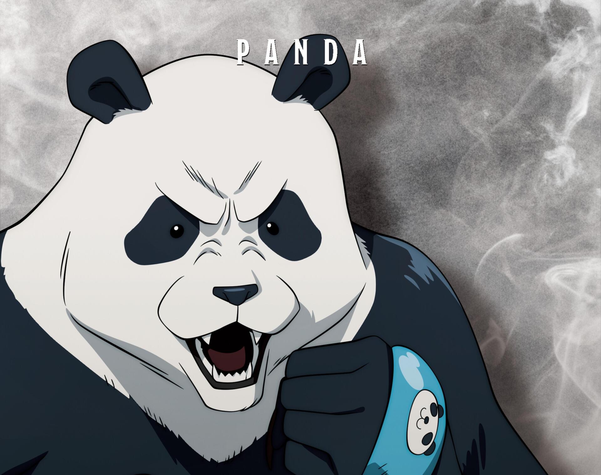 Anime 2K Quad HD PC desktop wallpaper of Panda from Jujutsu Kaisen, snarling with clenched fist against a smoky gray background.