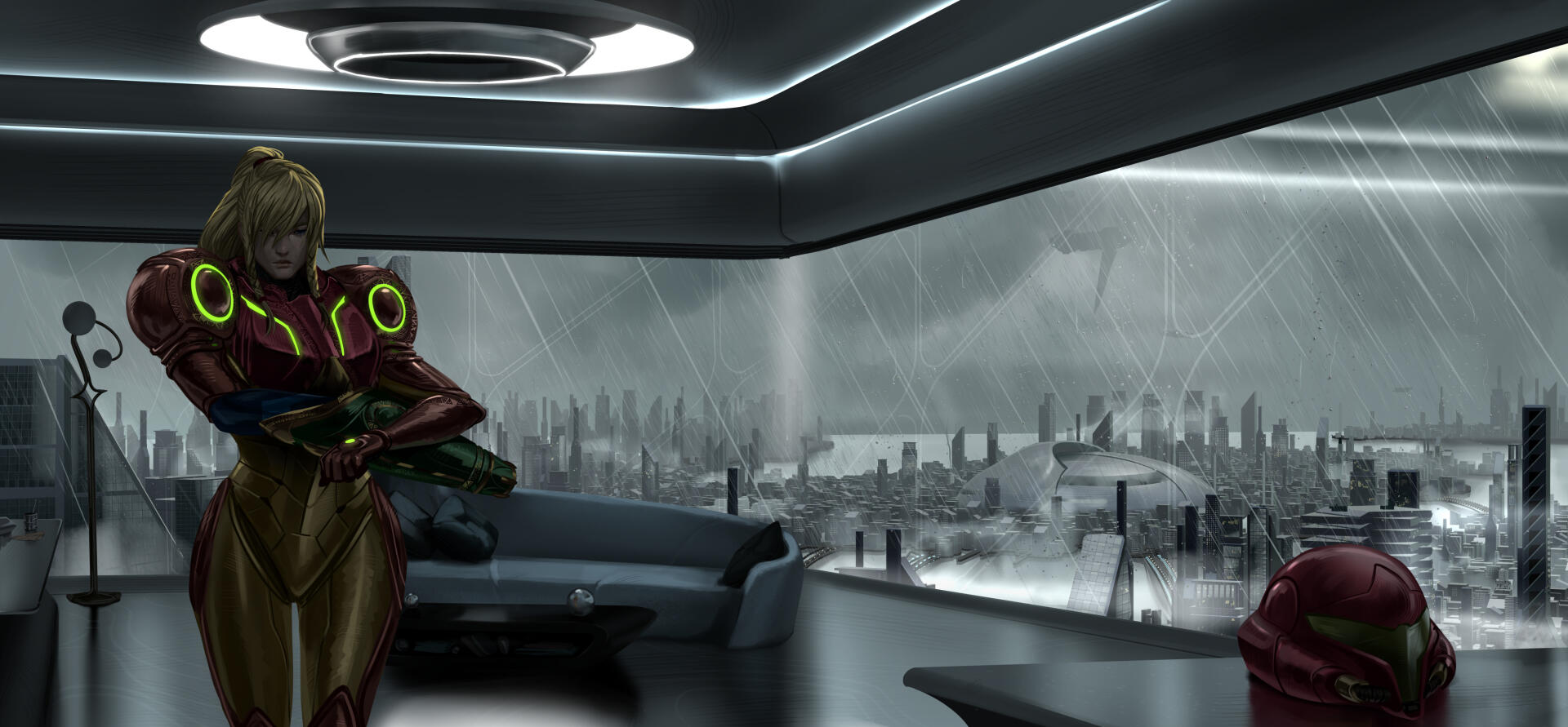 2K digital art PC wallpaper of Samus Aran (Metroid Prime) in her suit, standing in a ship's observation bay overlooking a sprawling futuristic cityscape.