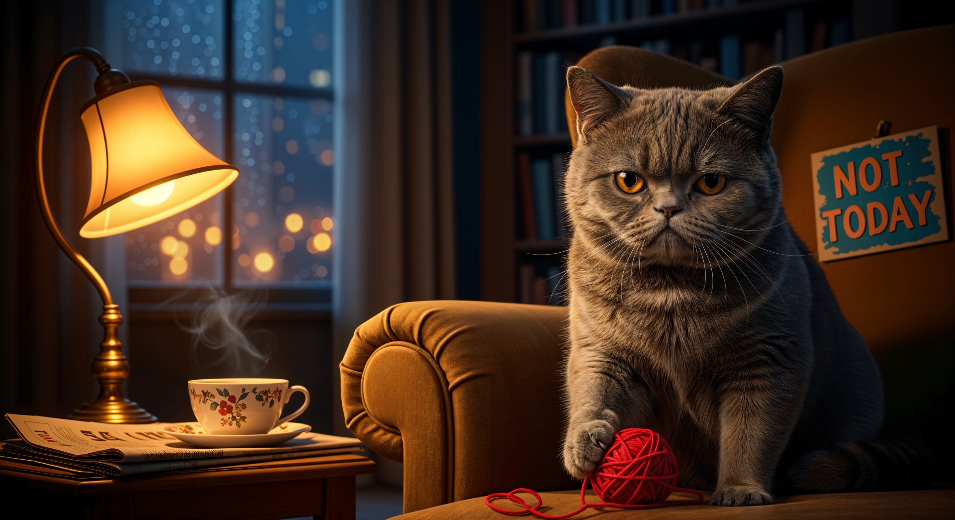 Grumpy gray cat perched on an armchair pawing red yarn beside a steaming teacup and lamp, Not Today sign and city night window in the background — 4K Ultra HD PC desktop wallpaper.