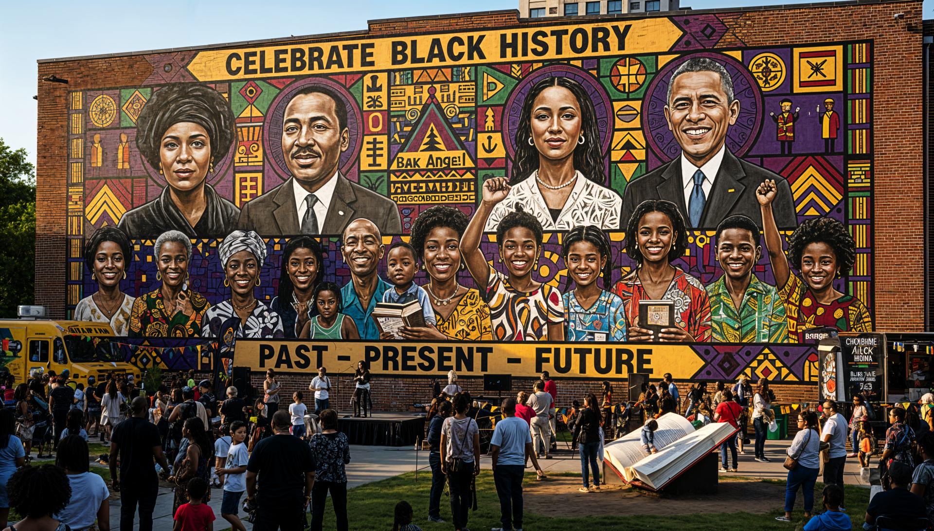 4K Ultra HD PC desktop wallpaper: vibrant Black History Month mural titled Past - Present - Future with stylized leaders' portraits, colorful African patterns and a crowd gathered below.