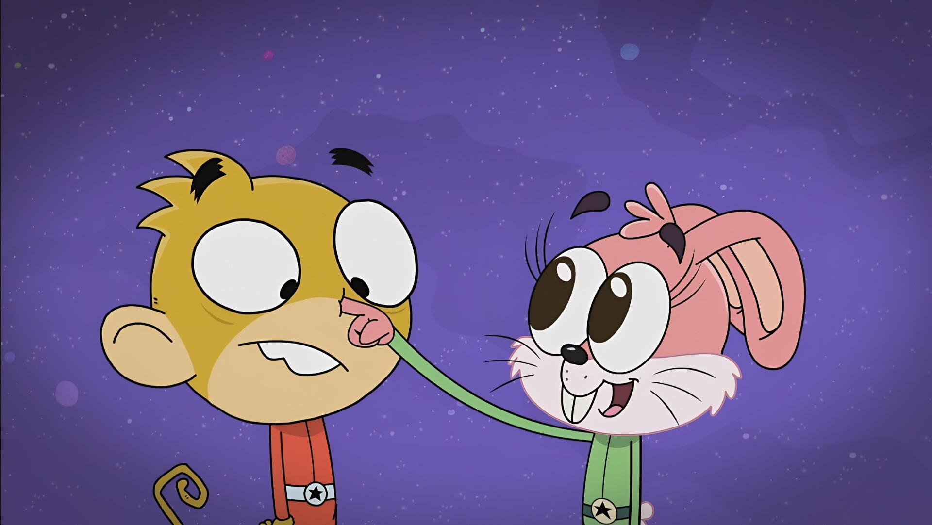 Cartoon Rocket Monkeys 4K Ultra HD PC desktop wallpaper: two wide-eyed Rocket Monkeys characters — yellow and pink — a long green tongue playfully touches the other's nose against a purple starry background.