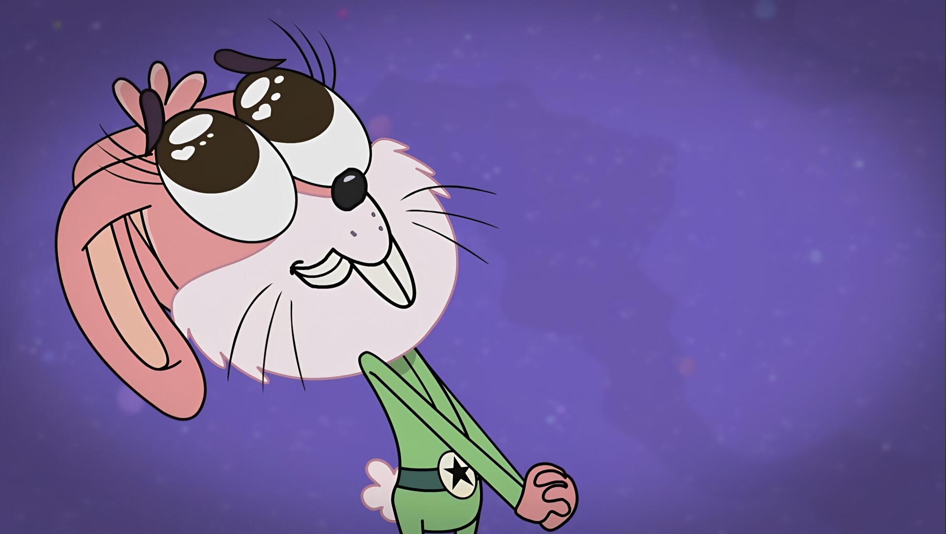 Cartoon Rocket Monkeys character (smiling rabbit-like creature) against a purple starry backdrop — 4K Ultra HD PC desktop wallpaper/background