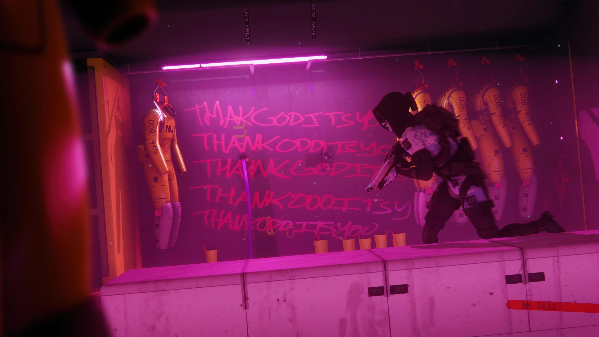 Marathon (Video Game) 4K Ultra HD PC desktop wallpaper and background — neon-pink corridor with an armored figure aiming at a mannequin beside graffiti-scarred walls and lockers.