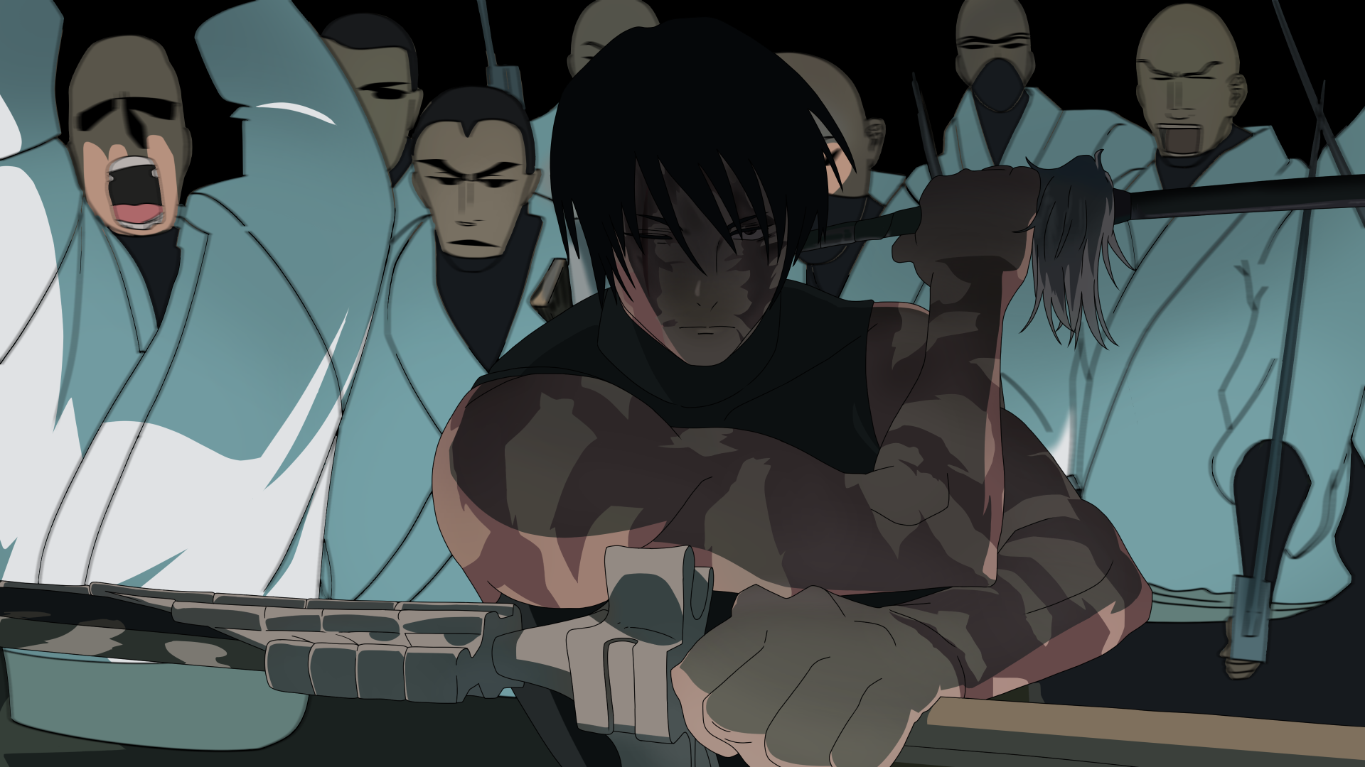 Anime Jujutsu Kaisen — Maki Zenin, bloodied and resolute, gripping a polearm amid masked assailants. 4K Ultra HD PC desktop wallpaper and background.