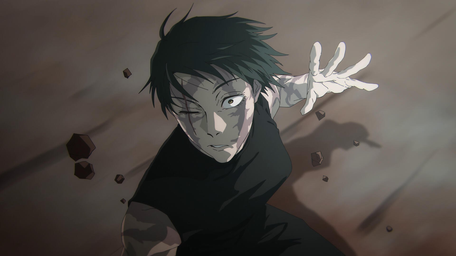 4K Ultra HD PC desktop wallpaper of Maki Zenin from Jujutsu Kaisen — dynamic low-angle action shot of her reaching forward amid debris, moody shadows and sharp detail.