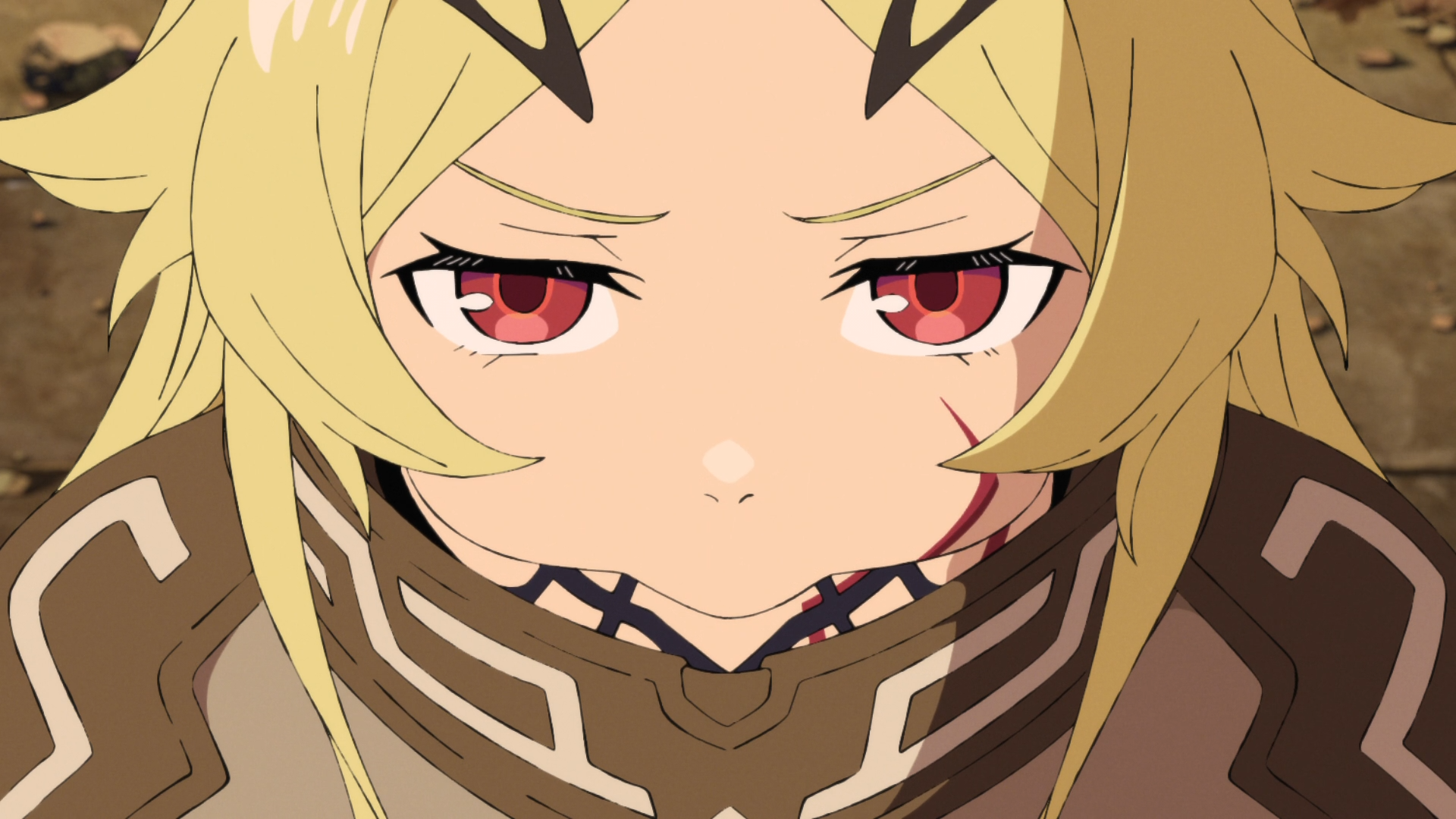 HD PC desktop wallpaper of Teoritta from Sentenced to Be a Hero — close-up of a blonde, red-eyed Teoritta with a stern expression, facial scar, and detailed armored collar.