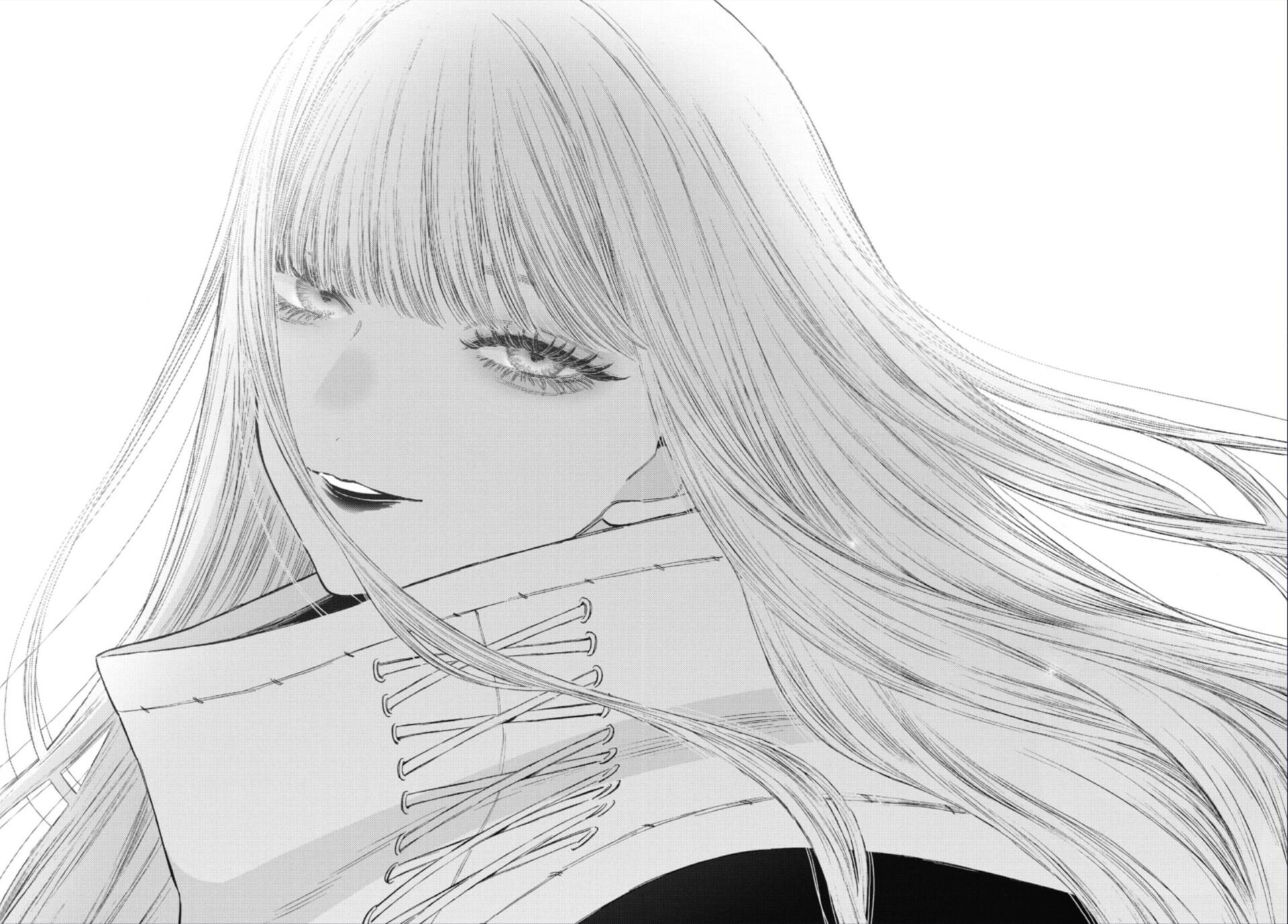 Monochrome anime portrait of Marin Kitagawa from My Dress-Up Darling, flowing hair and a soft smile — 2K Quad HD PC desktop wallpaper/background.