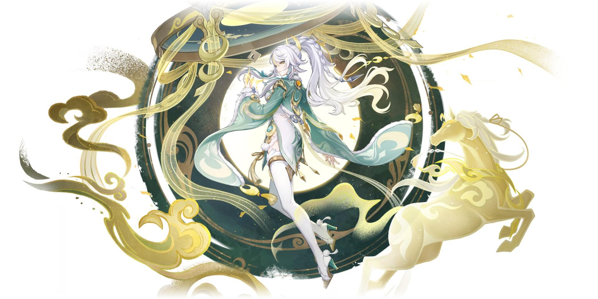 HD PC wallpaper of Zibai from Genshin Impact (ARPG): an ethereal figure in green-and-white robes, floating inside a gold-rimmed celestial circle with flowing ribbons.